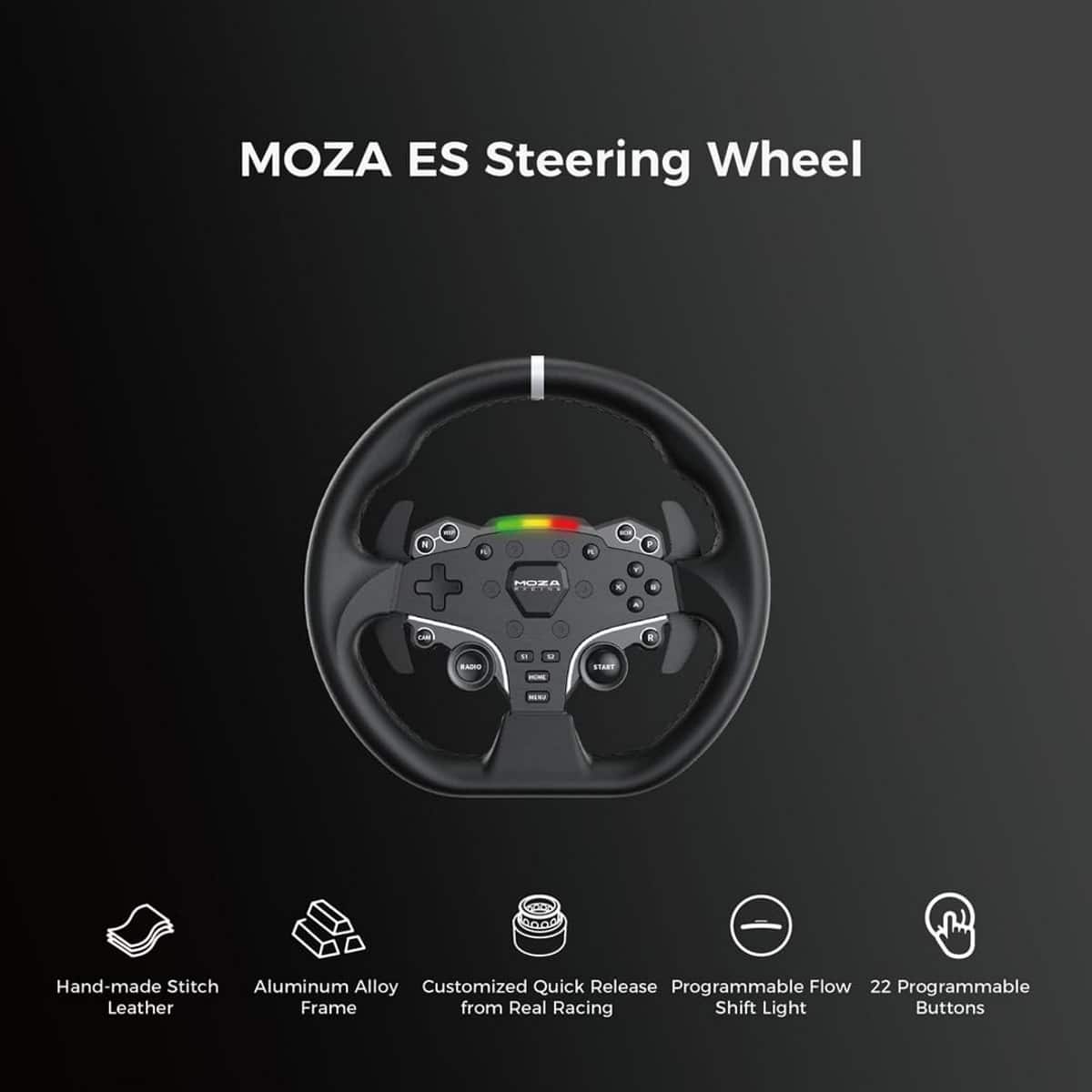 MOZA ES Steering Wheel - MORA A - Hand-made Stitch Aluminum Alloy Customized Quick Release Programmable Flow 22 Programmable Leather Frame from Real Racing Shift Light Buttons