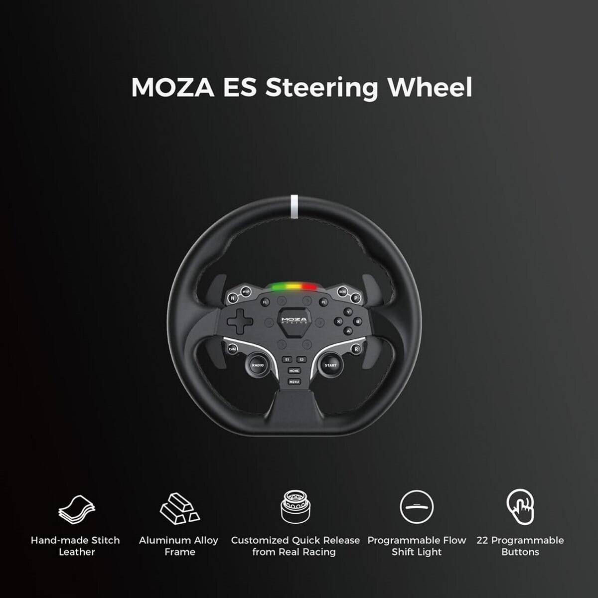 MOZA ES Steering Wheel - MORA A - Hand-made Stitch Aluminum Alloy Customized Quick Release Programmable Flow 22 Programmable Leather Frame from Real Racing Shift Light Buttons