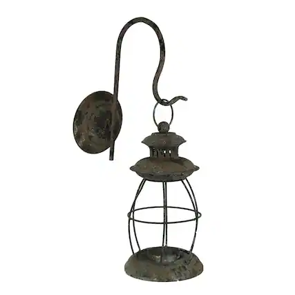 Front. Zeckos - Distressed Metal Wall Mounted Railroad Lantern Hanging Candle Sconce Black - White.