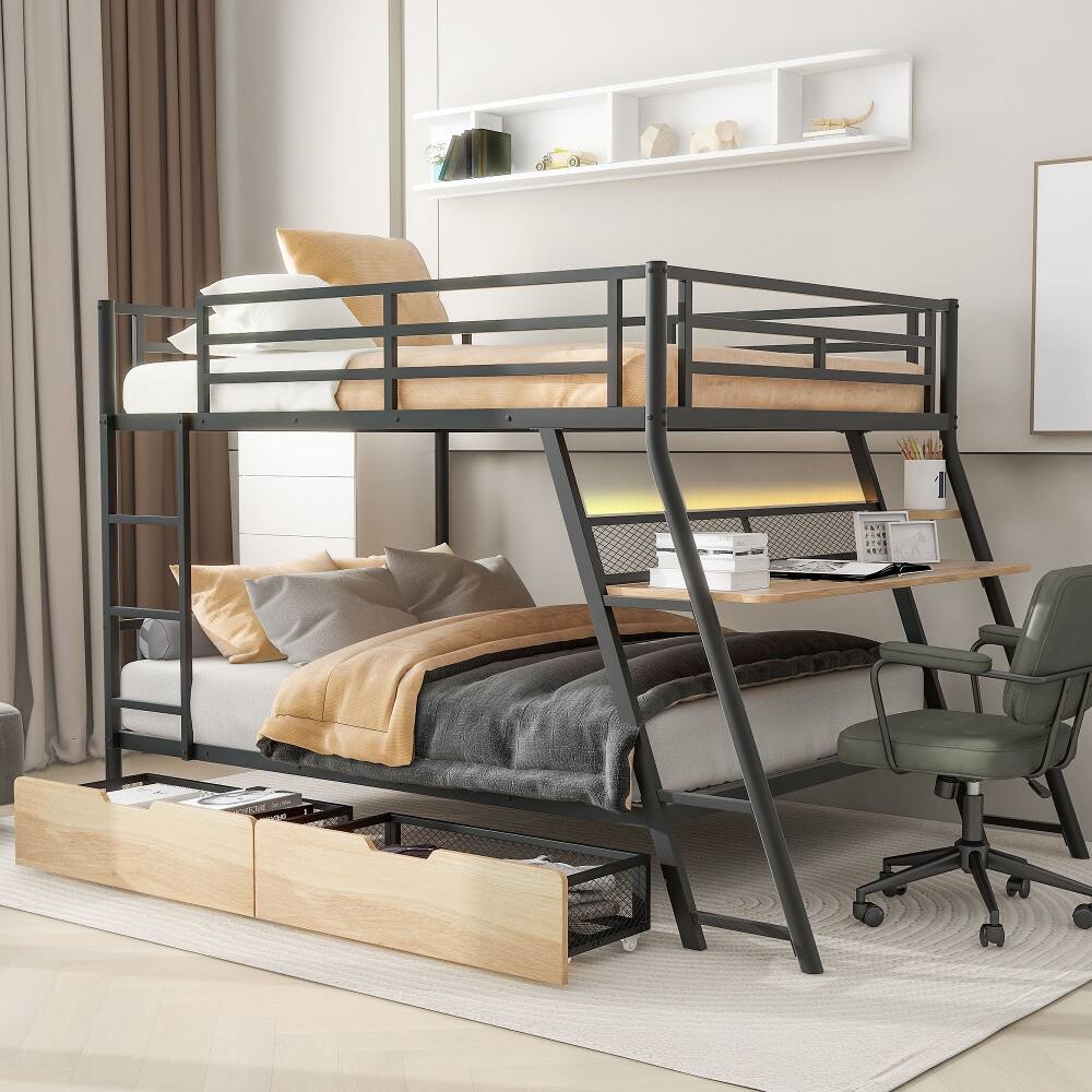 Alt View 9. Loheer - Loheer Full Size Metal Bunk Bed with Built-in Desk, Light and 2 Drawers, Black - Black.