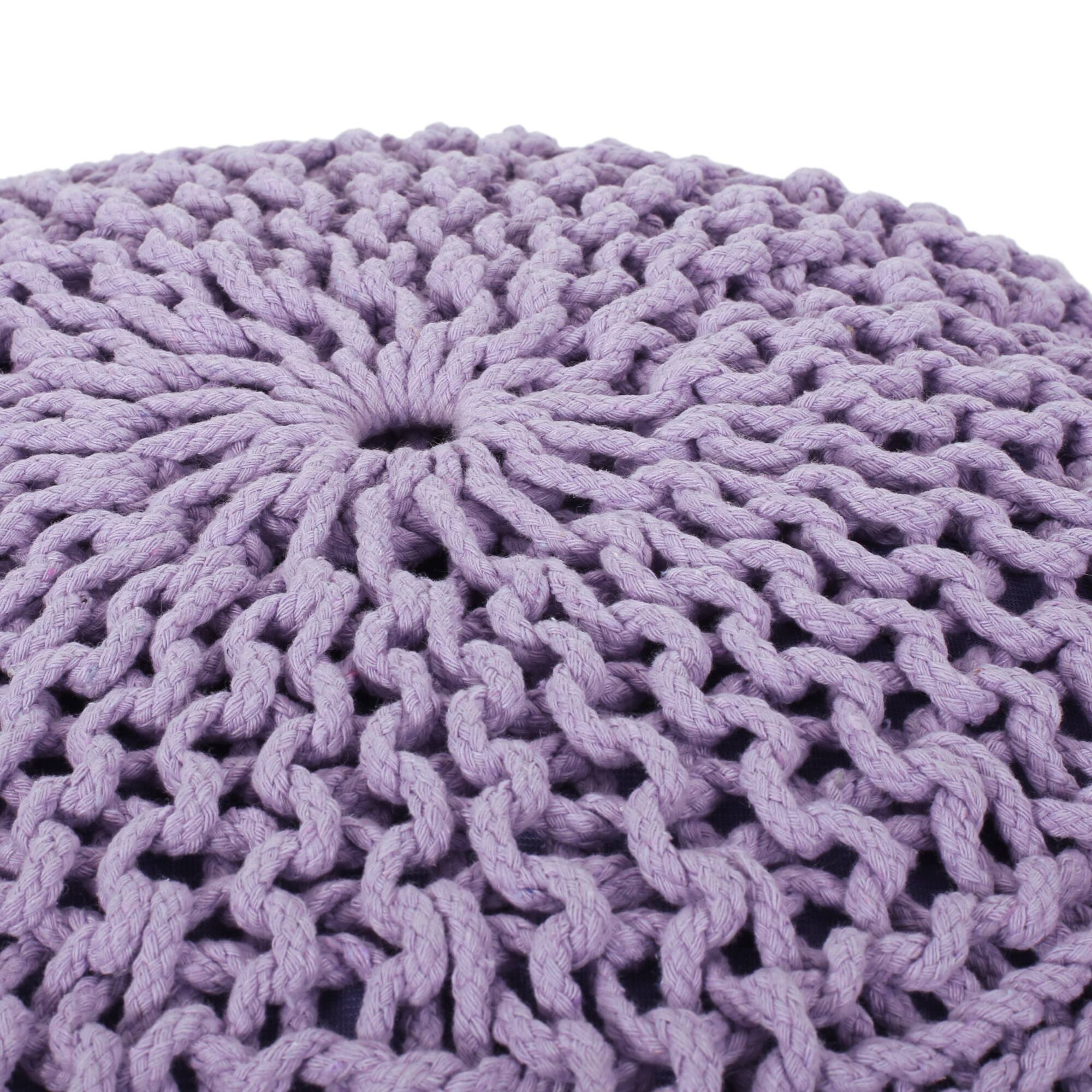Back. GOODSILO - Stylish Round Knitted Cotton Pouf for Versatile Seating and Decorative Accents - Lavender.