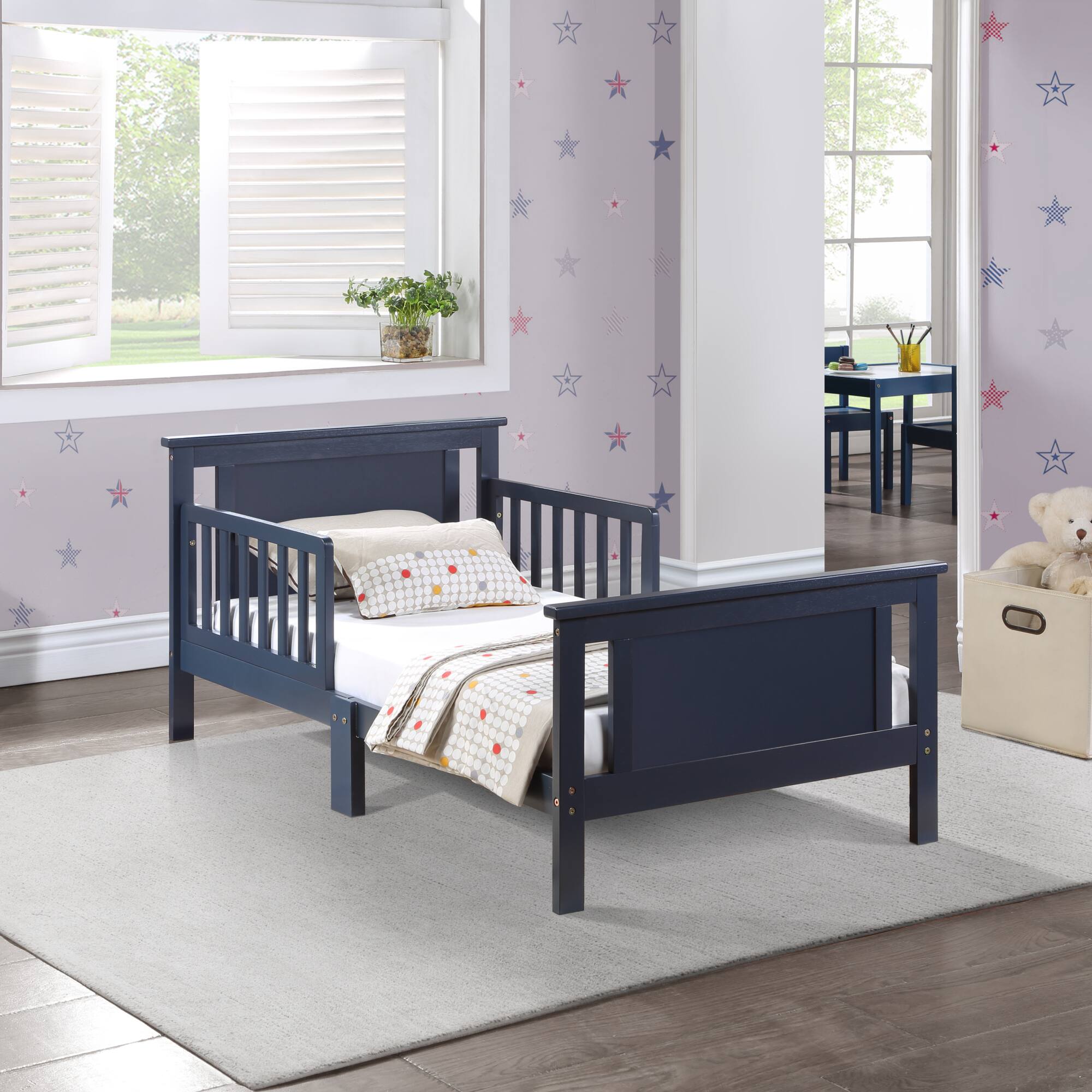 Back. GOODSILO - Reversible Panel Toddler Bed with Dual-Tone Finish for Growing Children, Solid Wood Construction - Blue.