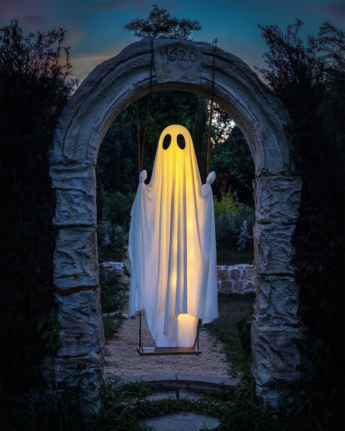 Angle. FASCINATE - 5-ft Lighted Hanging Swing Ghost Halloween Decoration with Remote, 8 Lighting Modes and Timer - White.