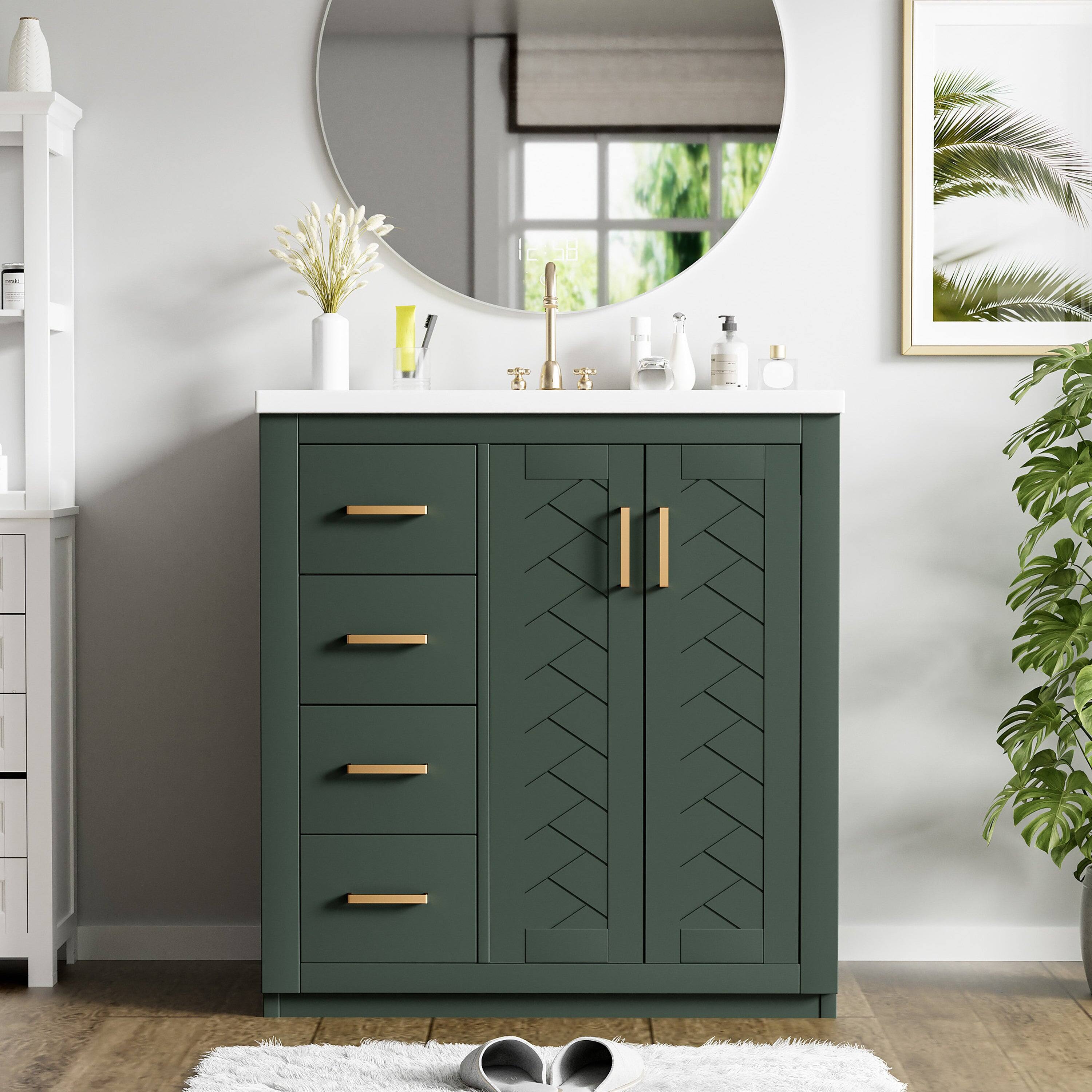 Alt View 3. Boyel Living - 30 Inch Bathroom Vanity Green with Ceramic Sink Solid Wood Frame 3 Drawers 1 Cabinet - Green.