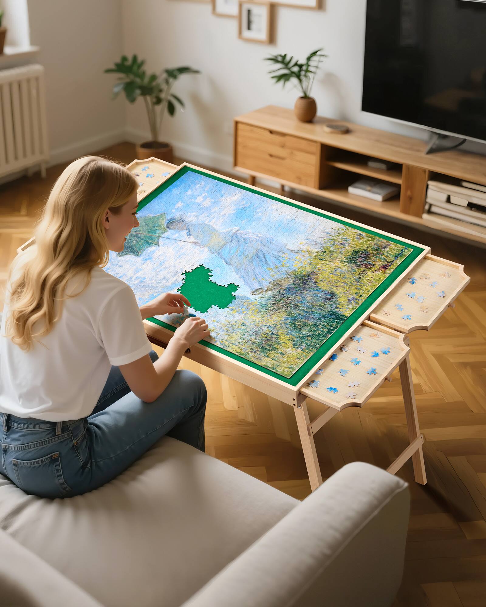 Angle. VEVOR - 1500 Piece Puzzle Table with Folding Legs, 4 Drawers and Cover, 34x25 in Portable Wooden Board.