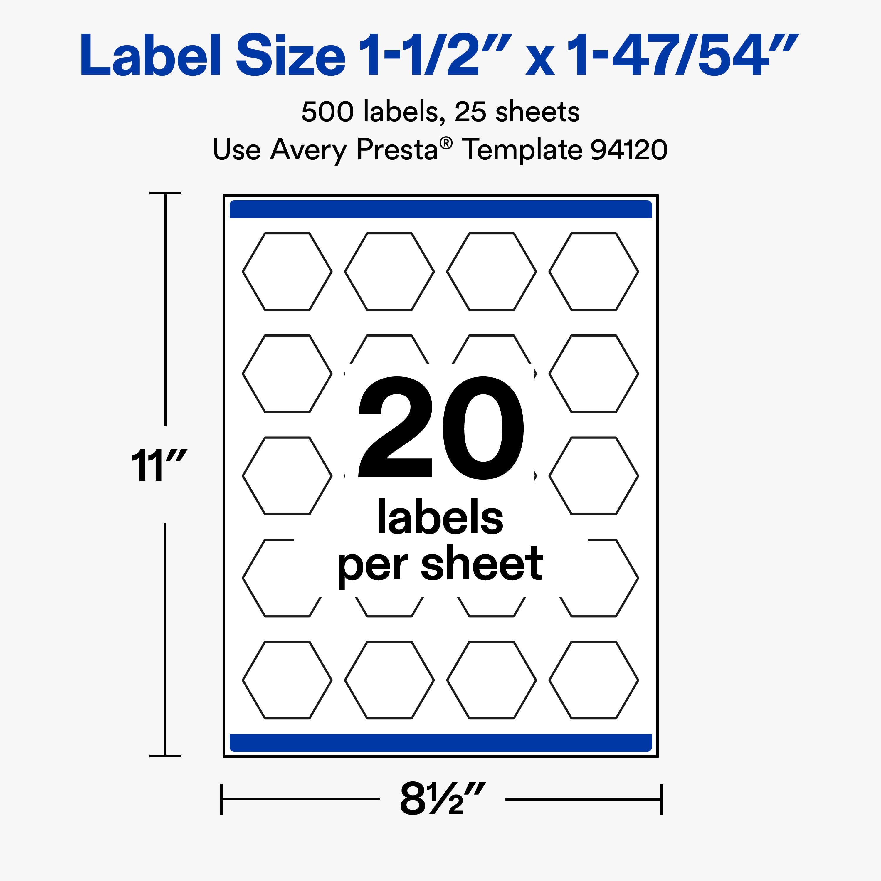 Label Size 1-1/2" X 1-47/54"  
500 labels, 25 sheets  
Use Avery Presta® Template 94120  

11"  
20 labels per sheet  
81/2"