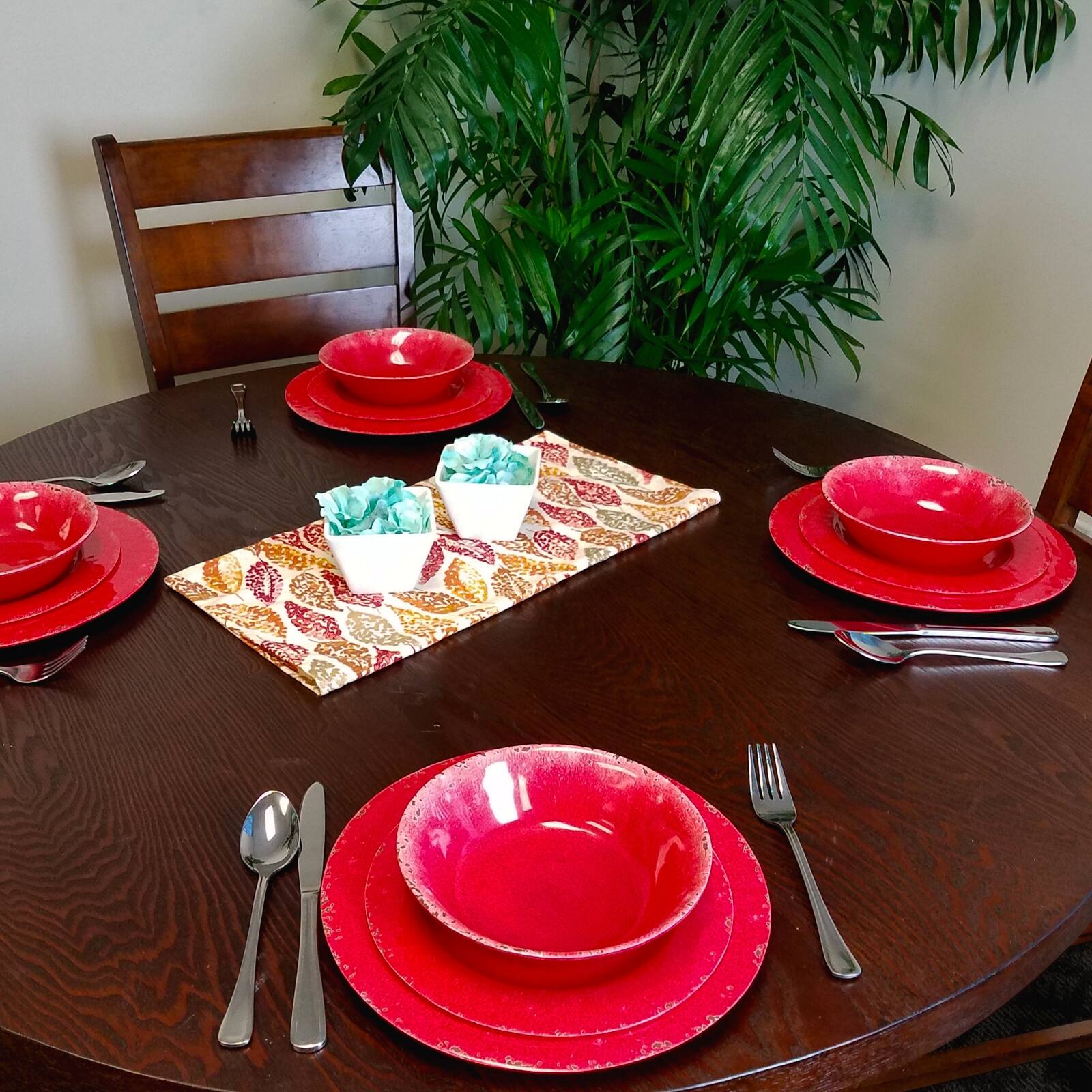 Alt View 4. Gibson - Studio California Mauna 12 Piece Melamine Dinnerware Set in Red Crackle Look Decal - Red.