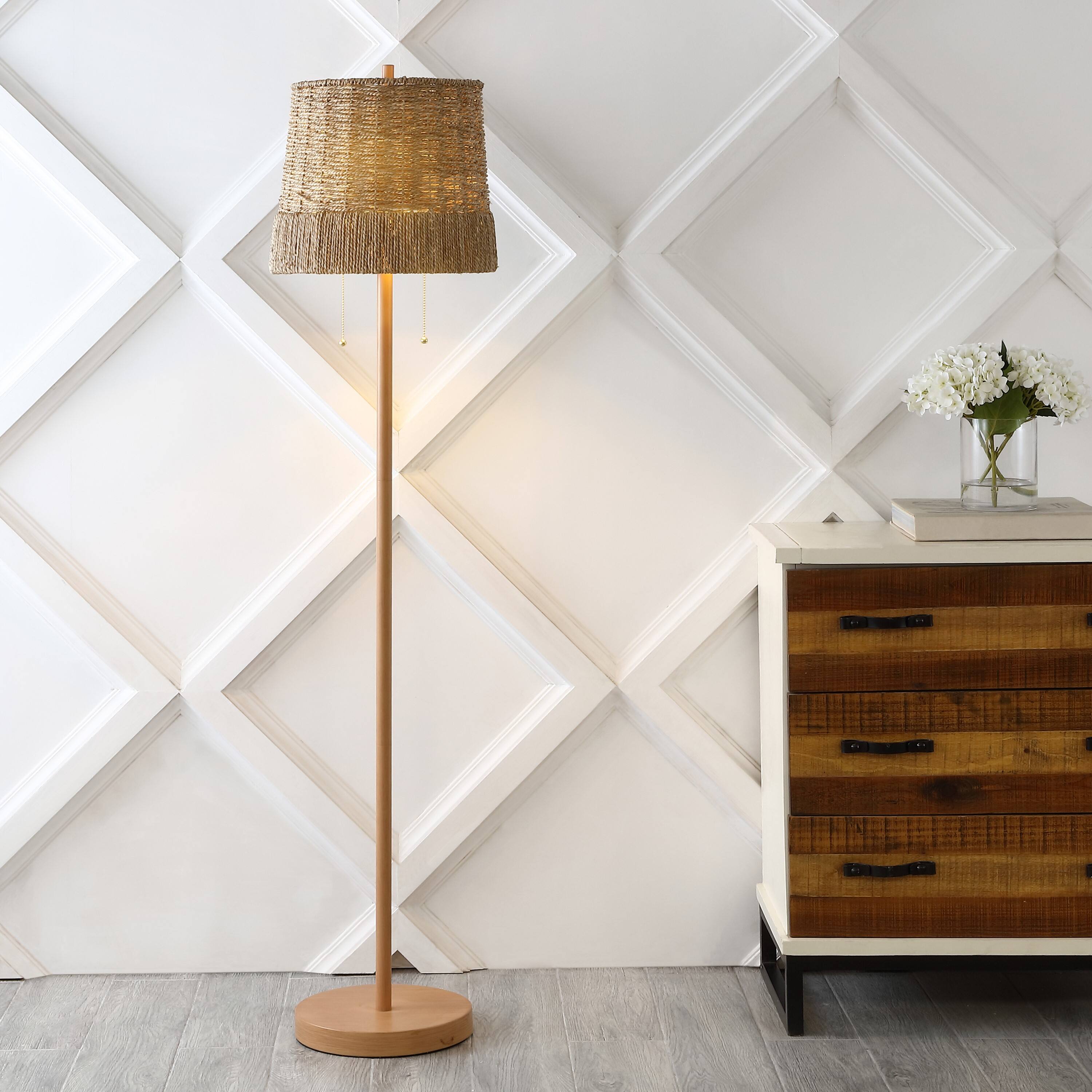 Alt View 1. Jonathan Y - Ocata 61" 2-Light Coastal Bohemian Iron/Rattan LED Floor Lamp with Pull-Chain, Brown Wood Finish - Brown Wood Finish.