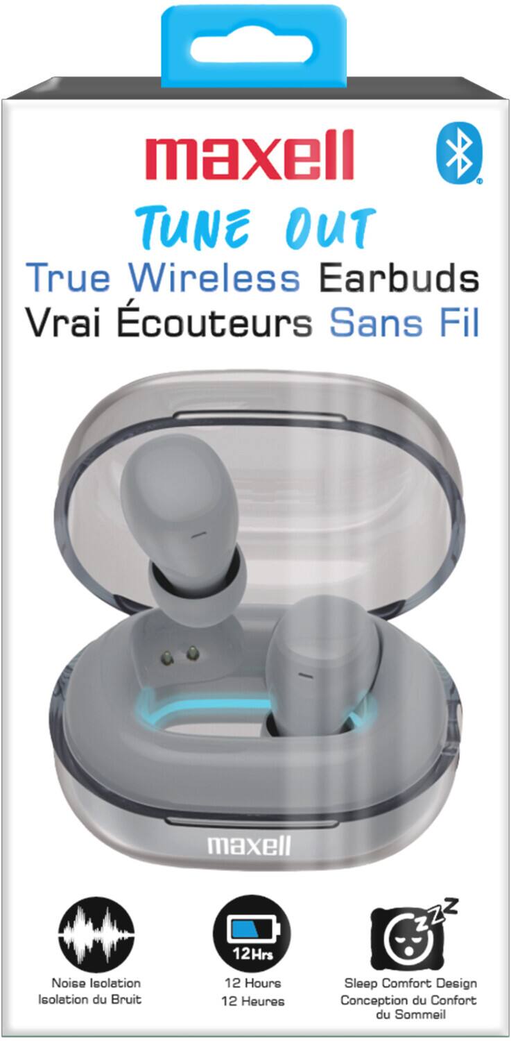 maxell TUNE OUT True Wireless Earbuds Vrai écouteurs Sans Fil maxell 12Hrs ZZ Z Z Noise Isolation Isolation du Bruit 12 Hours 12 Heures Sleep Comfort Design Conception du Confort du Sommeil
