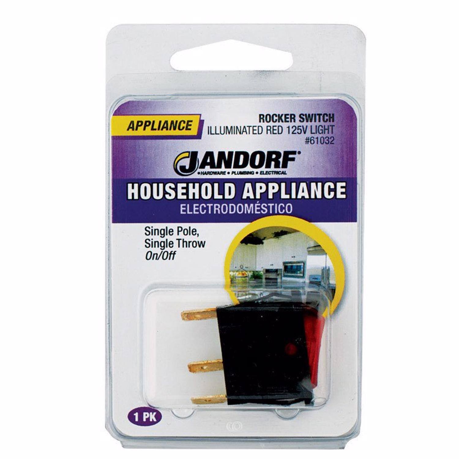 ROCKER SWITCH  
ILLUMINATED RED 125V LIGHT  
#61032  
JANDORF  
HARDWARE • PLUMBING • ELECTRICAL  
HOUSEHOLD APPLIANCE  
ELECTRODOMÉSTICO  
Single Pole, Single Throw On/Off  
1 PK