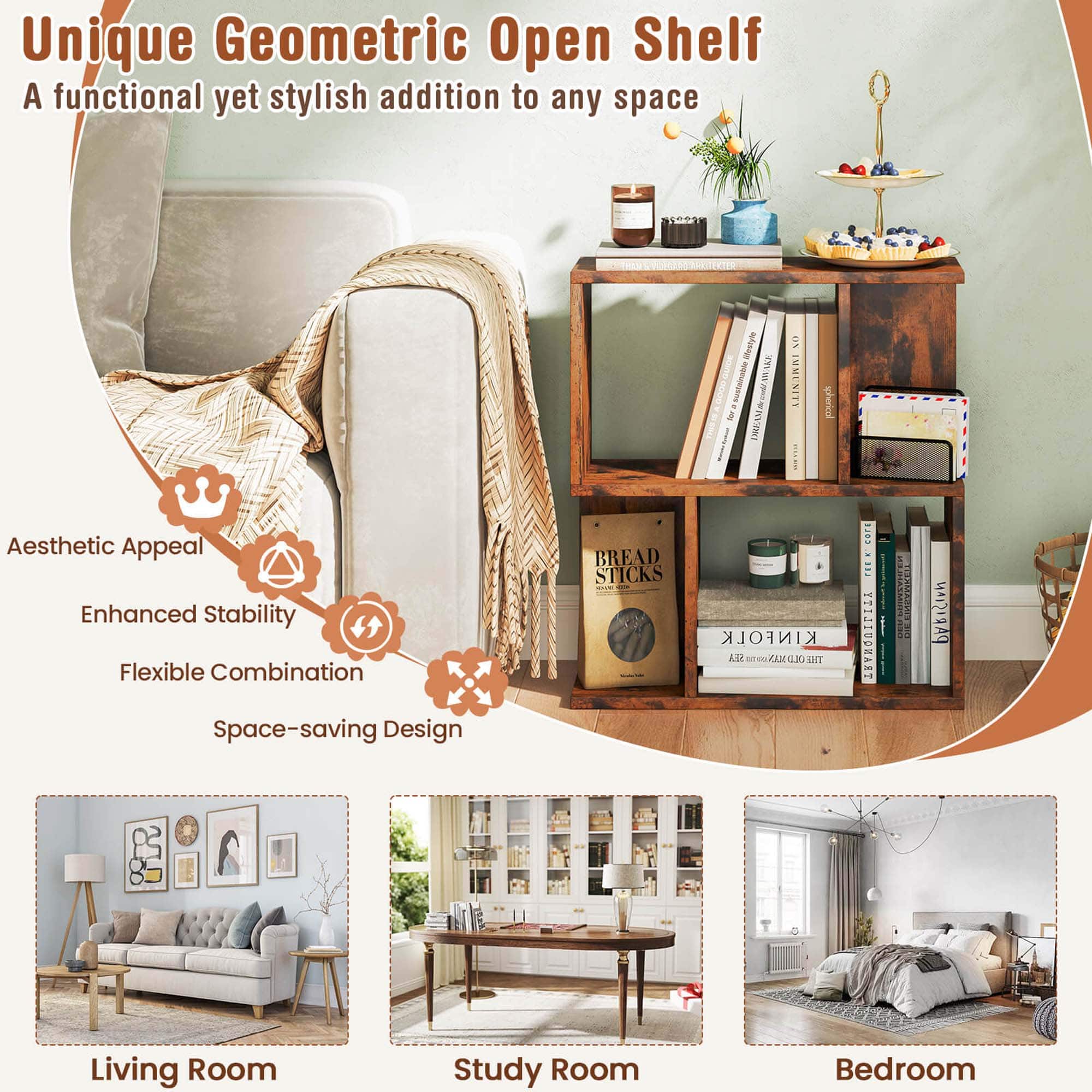 Unique Geometric Open Shelf: A functional yet stylish addition to any space.
Features:
- Aesthetic Appeal
- Enhanced Stability
- Flexible Combination
- Space-saving Design
Living Room:
- A comfortable couch with a throw blanket draped over the back.
- A potted plant on a table.
- A vase with flowers on a table.
- A chair with a throw blanket draped over the back.
Study Room:
- A desk with a chair.
- A bookshelf with books.
- A potted plant on a table.
- A vase with flowers on a table.
Bedroom:
- A bed with a throw blanket draped over the back.
- A bookshelf with books.
- A potted plant on a table.
- A vase with flowers on a table.