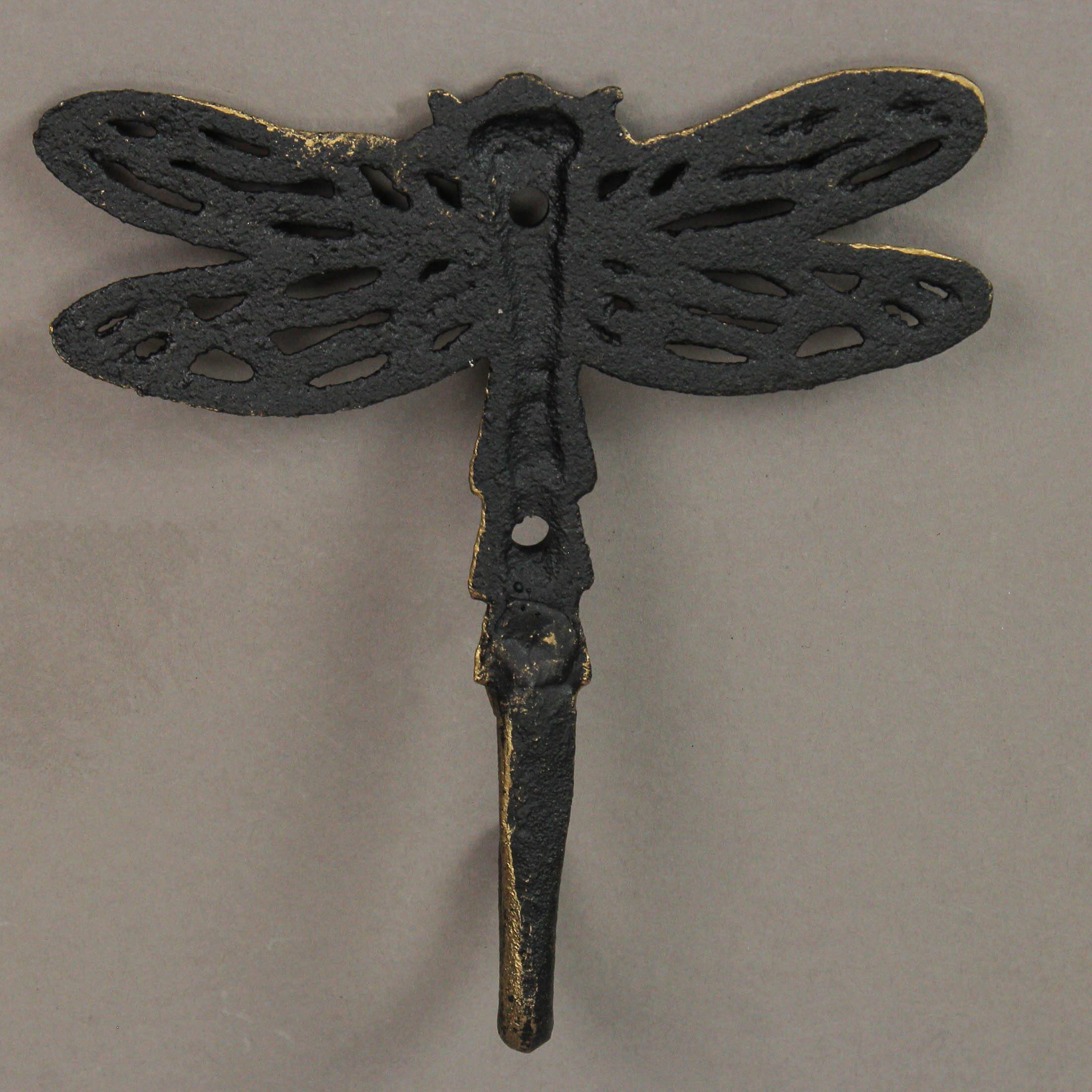Alt View 2. Zeckos - 5 Inch Cast Iron Dragonfly Wall Hook Decorative Towel Hangers Coat Rack Set of 3 - Gold.