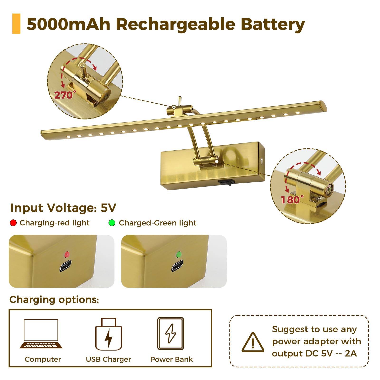 5000mAh Rechargeable Battery

Input Voltage: 5V

- Charging: Red light
- Charged: Green light

Charging options:
- Computer
- USB Charger
- Power Bank

Suggest to use any power adapter with output DC 5V -- 2A