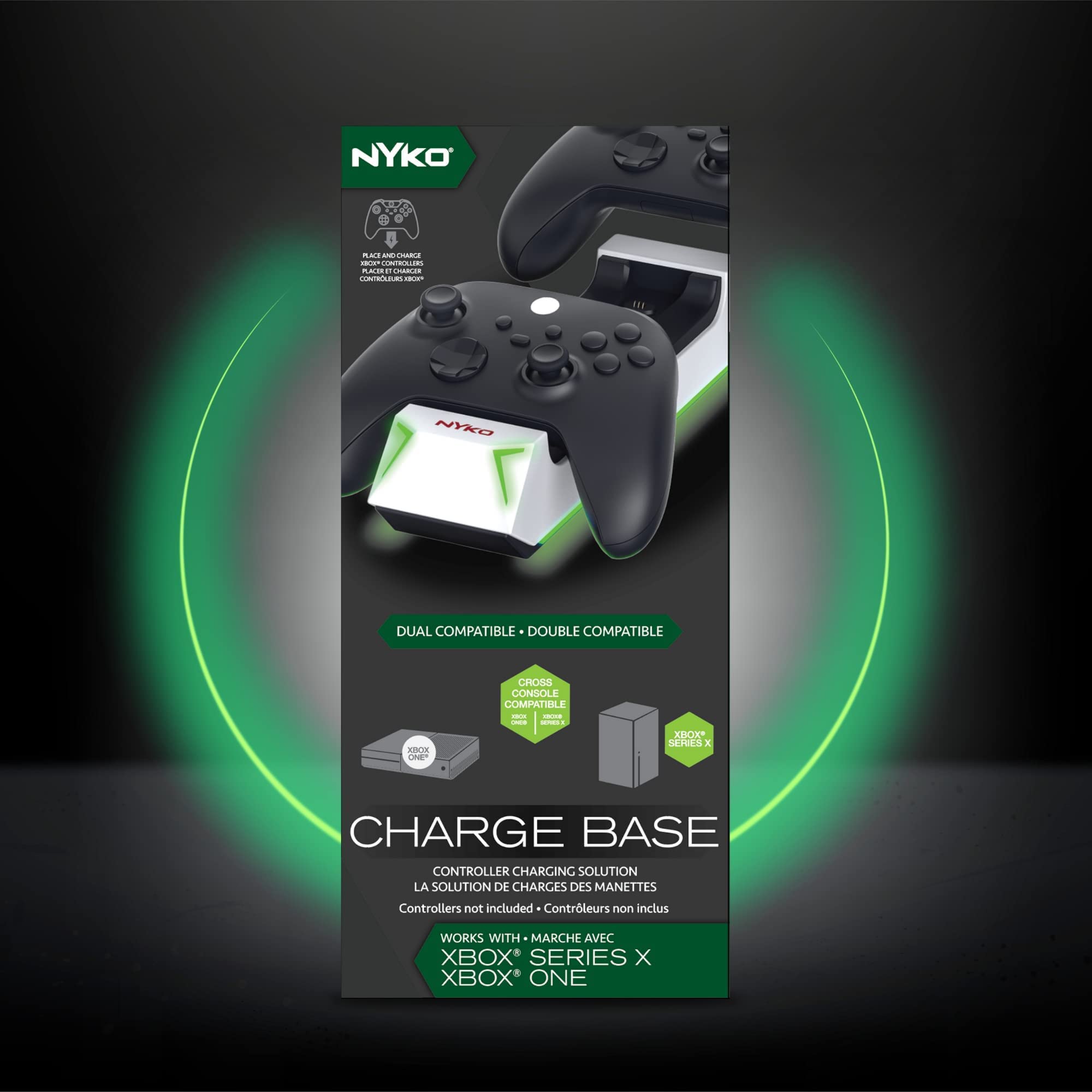NYKO AA4 - NYXD DUAL COMPATIBLE DOUBLE COMPATIBLE CROSS CONSOLE CHARGE BASE CONTROLLER CHARGING SOLUTION LA SOLUTION DE CHARGES DES MANETTES Controllers not included Contrôleurs non inclus WORKS WITH MARCHE AVEC XBOX SERIES X XBOX ONE