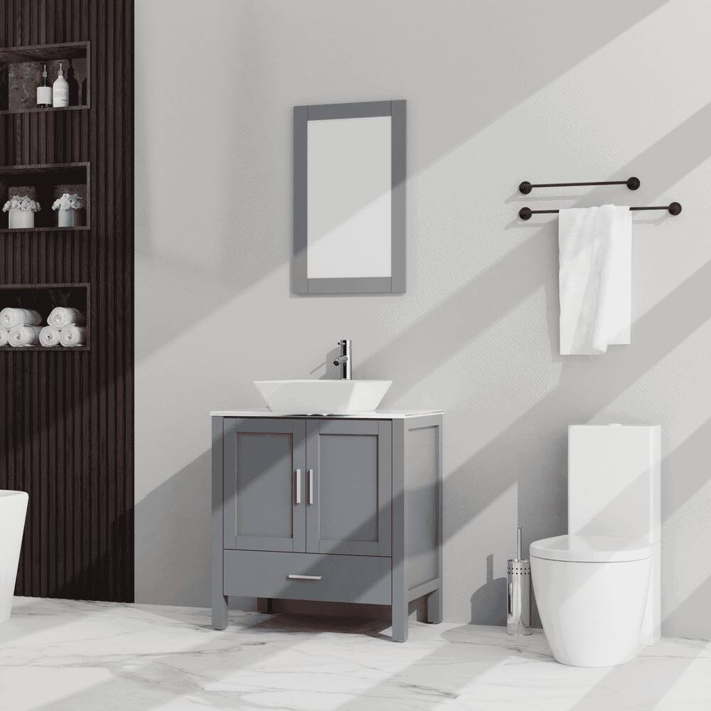 Back. Kadyn - 30" Bathroom Vanity and Sink Combo - Glass Top Cabinet with Mirror, Gray - Gray.