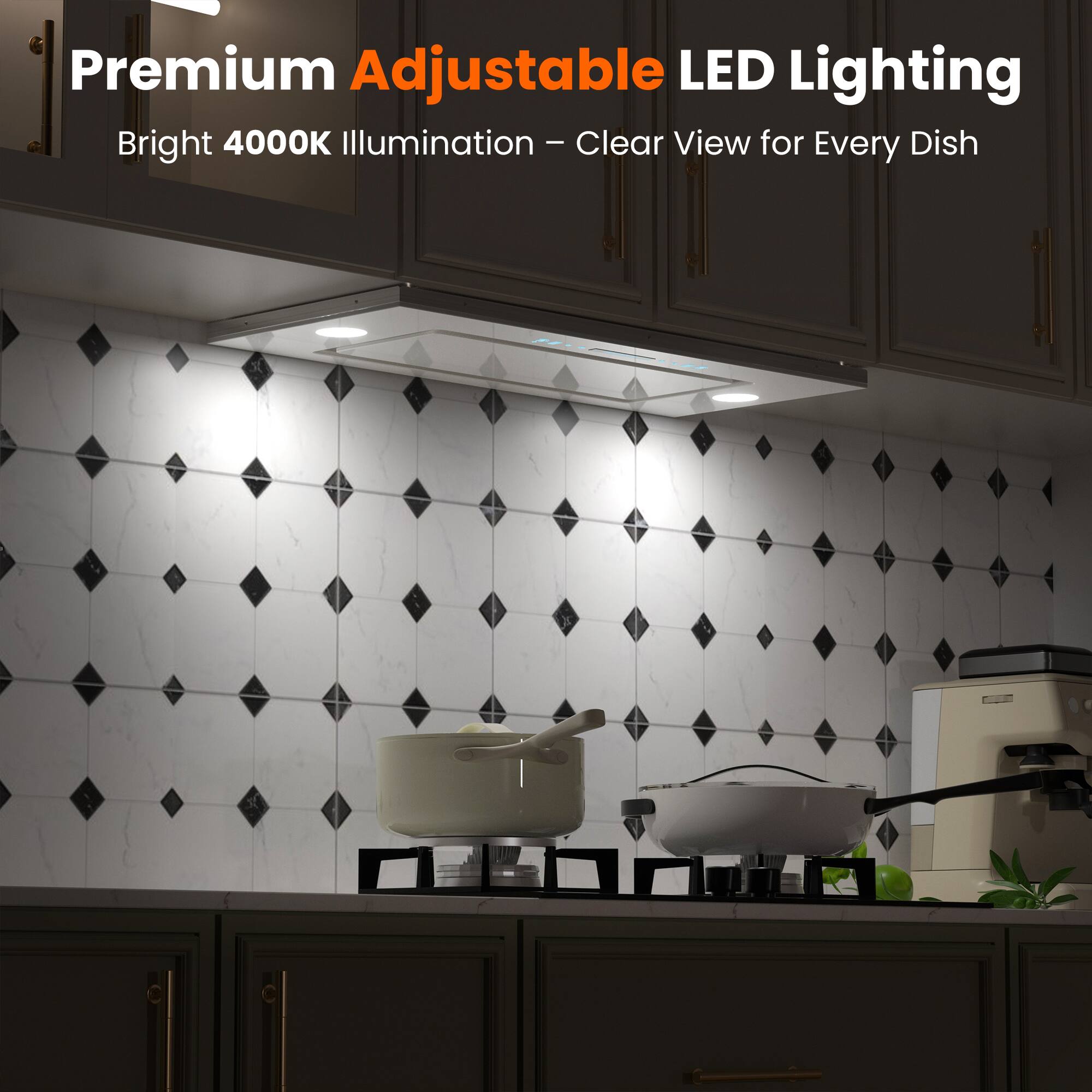 Premium Adjustable LED Lighting  
Bright 4000K Illumination – Clear View for Every Dish