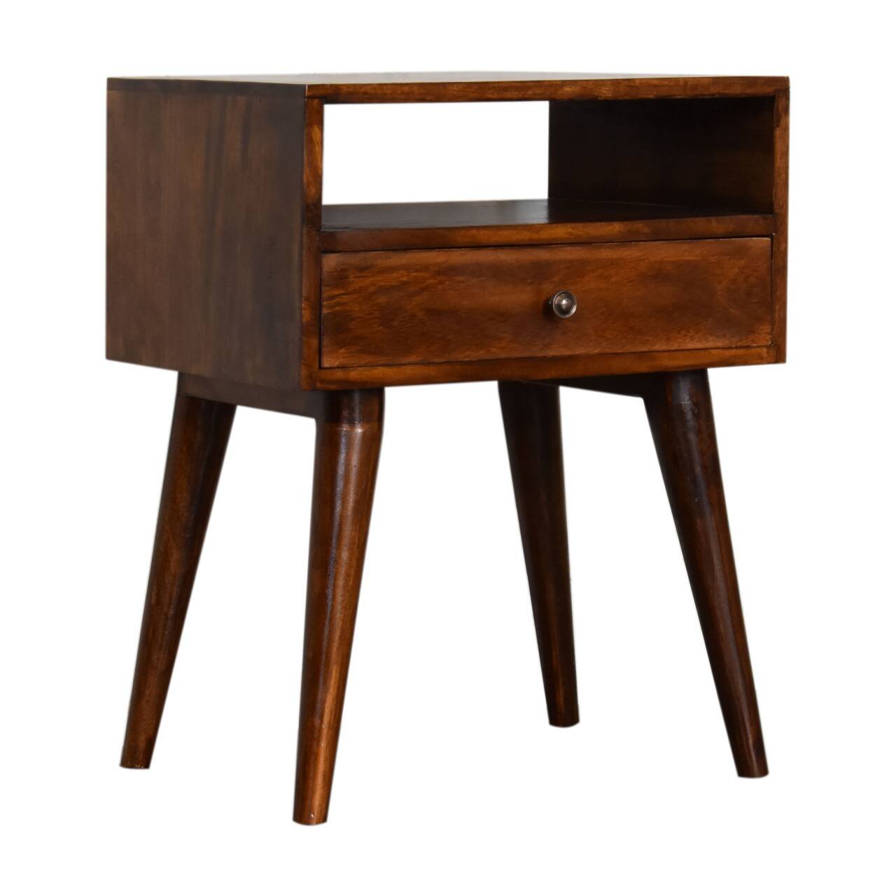 Back. Artisan Furniture - Artisan Furniture Solid Wood Modern Chestnut Nightstand, 1 Drawer, 1 Open-slot, Nordic legs, Dark Brown - Chestnut.