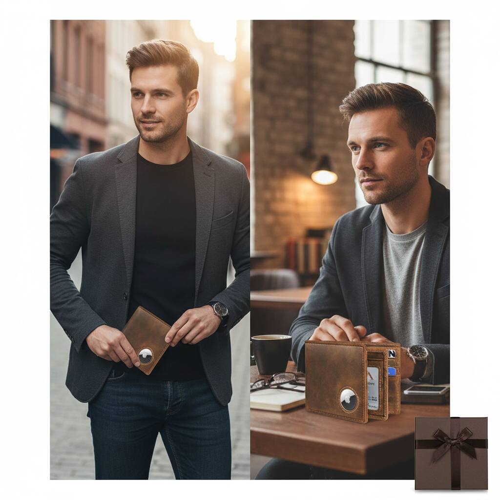 Alt View 2. ZUQIETA - ZUQIETA Men's AirTag Wallet - Leather Bifold RFID Blocking with Gift Box & Screen Protector - Coffee Brown.