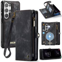 Dteck - Multi-Functional Wallet Case for Samsung Galaxy S26 Ultra,Large Card Slots Zipper Magnetic Detachable Cover With Strap - Black
