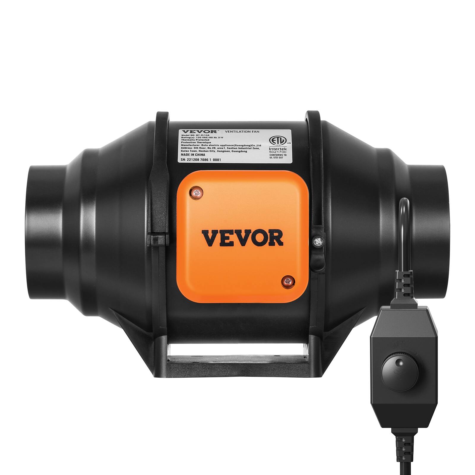 VEVOR VENTILATION FAN

Model: VEF-21208

Voltage: 120V

Frequency: 60Hz

Power: 1/3 HP

Speed: 1725 RPM

Certifications: ETL, UL

SN: 212108 7088 1001

Manufactured by: VEVOR

Address: 1001 N. 1st Street, Suite 200, San Jose, CA 95112

Phone: 408-263-1000

Website: www.vevor.com
