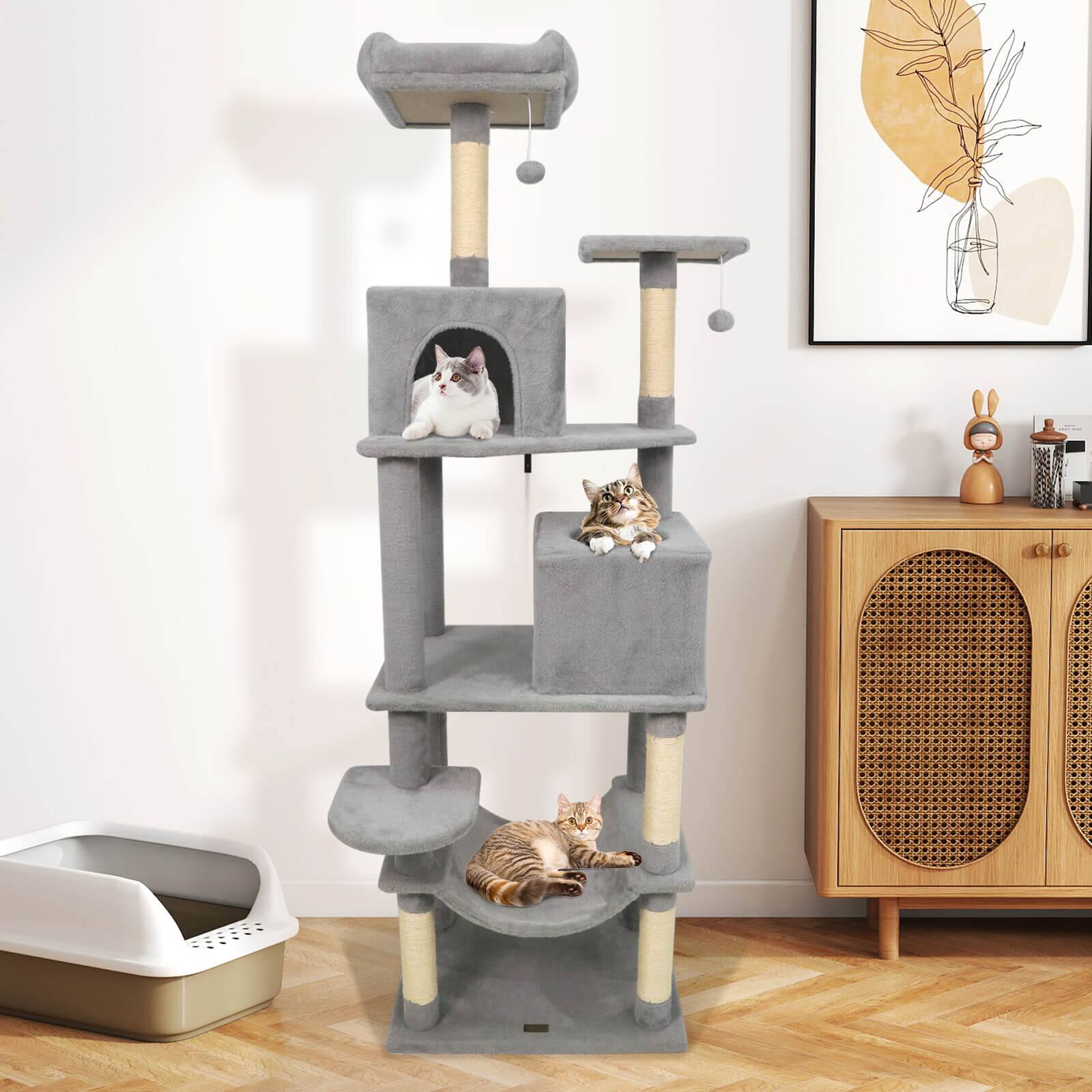 Alt View 3. Costway - Costway 70" Cat Tree for Indoor Cats with Padded Top Perch, Dual Condos, Hammock, Platforms - Light Gray.