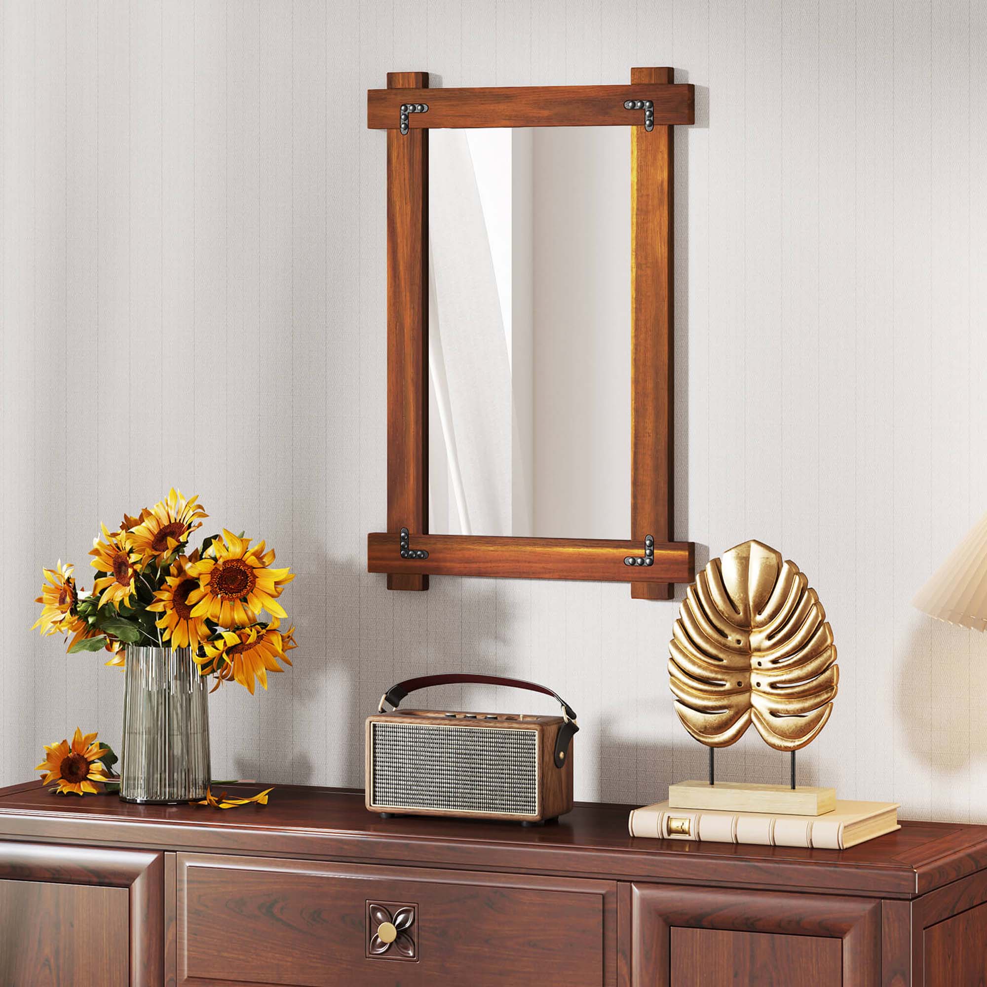 Alt View 2. Costway - Costway 30 x 20 Inch Shatterproof Wall Mirror with Acacia Wood Frame & Vintage Rivet Design - Rustic Brown.