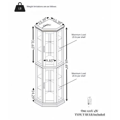 LB Weight limitations are as follows: 15.39" 15.39" 31.65" 9.85" Maximum Load 25 lb per shelf 69.49" Maximum Load 25 lb per shelf One 120V 4W TYPE I BULB included
