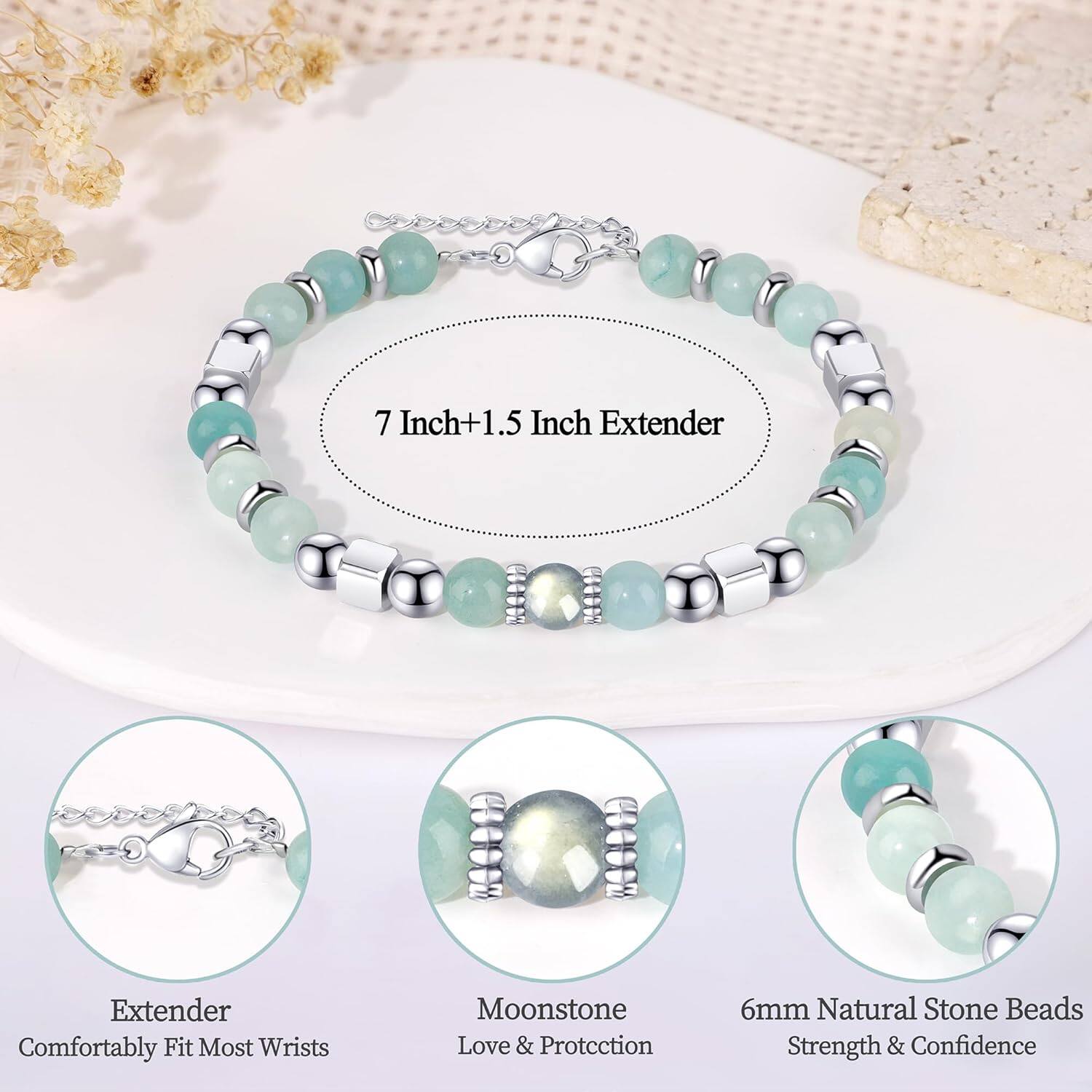 7 Inch + 1.5 Inch Extender  
Comfortably Fit Most Wrists  

Moonstone  
Love & Protection  

6mm Natural Stone Beads  
Strength & Confidence
