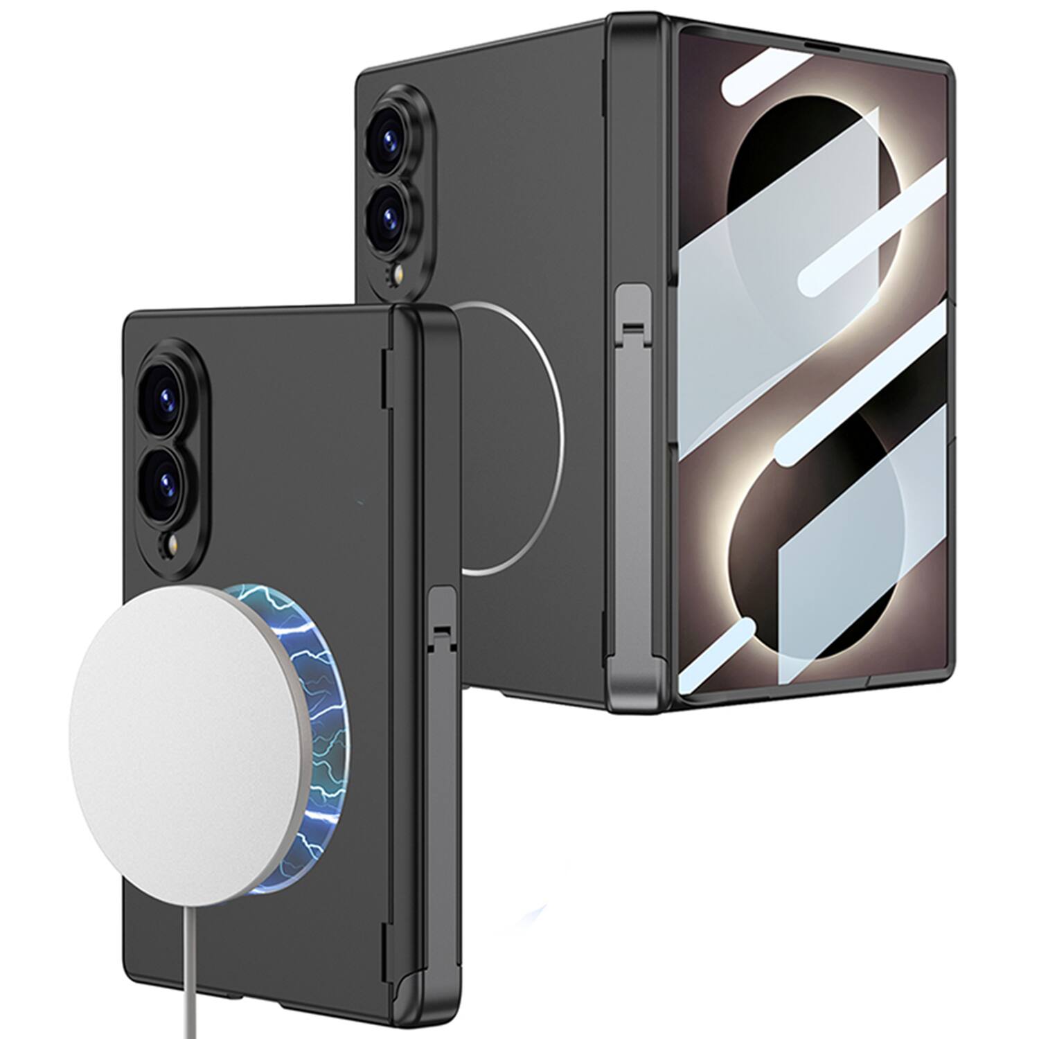 Left. Dteck - Rugged Magnetic Case for Samsung Galaxy Z Fold8 with Kickstand, Shockproof Hinge Protective Cover Built in Screen Glass - Black.
