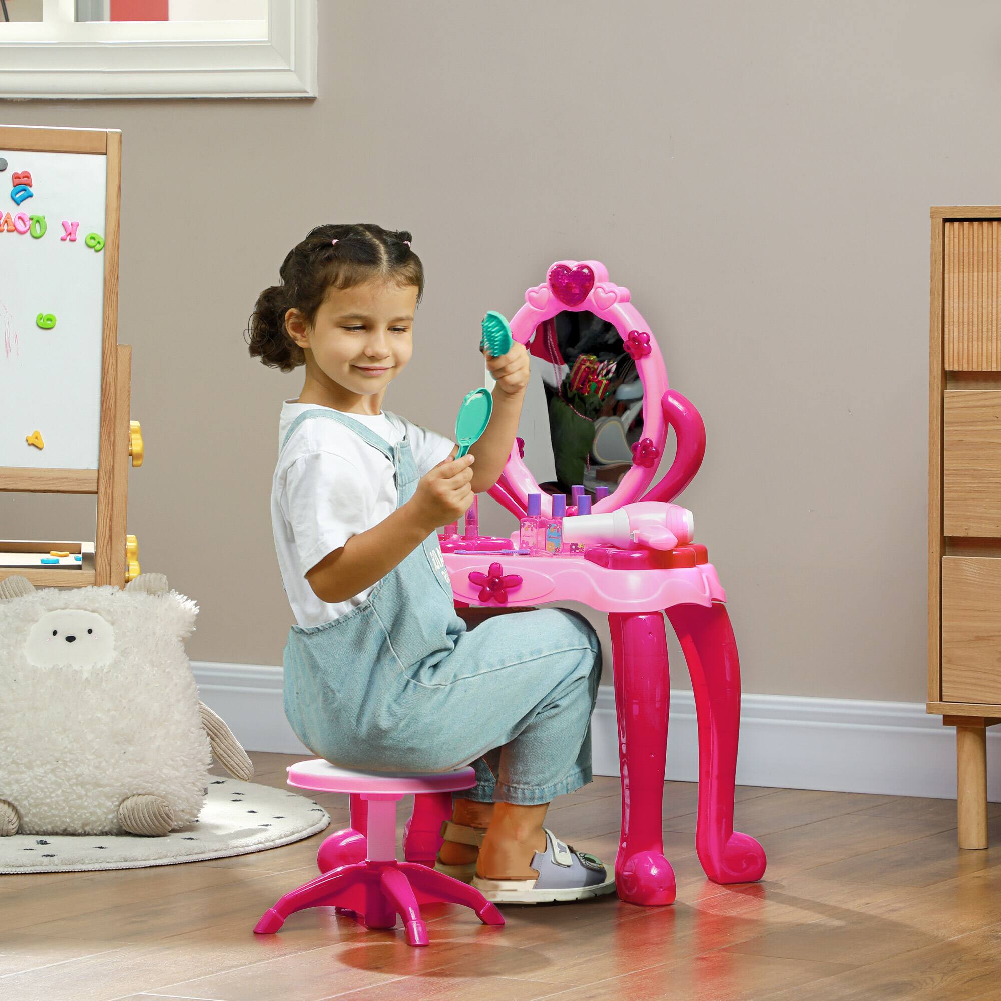 Angle. Qaba - Kids Vanity Set w/Mirror&Stool, Girls Makeup Table w/Light&Sound, 15 Accessories, Hair Dryer, for 3-6.