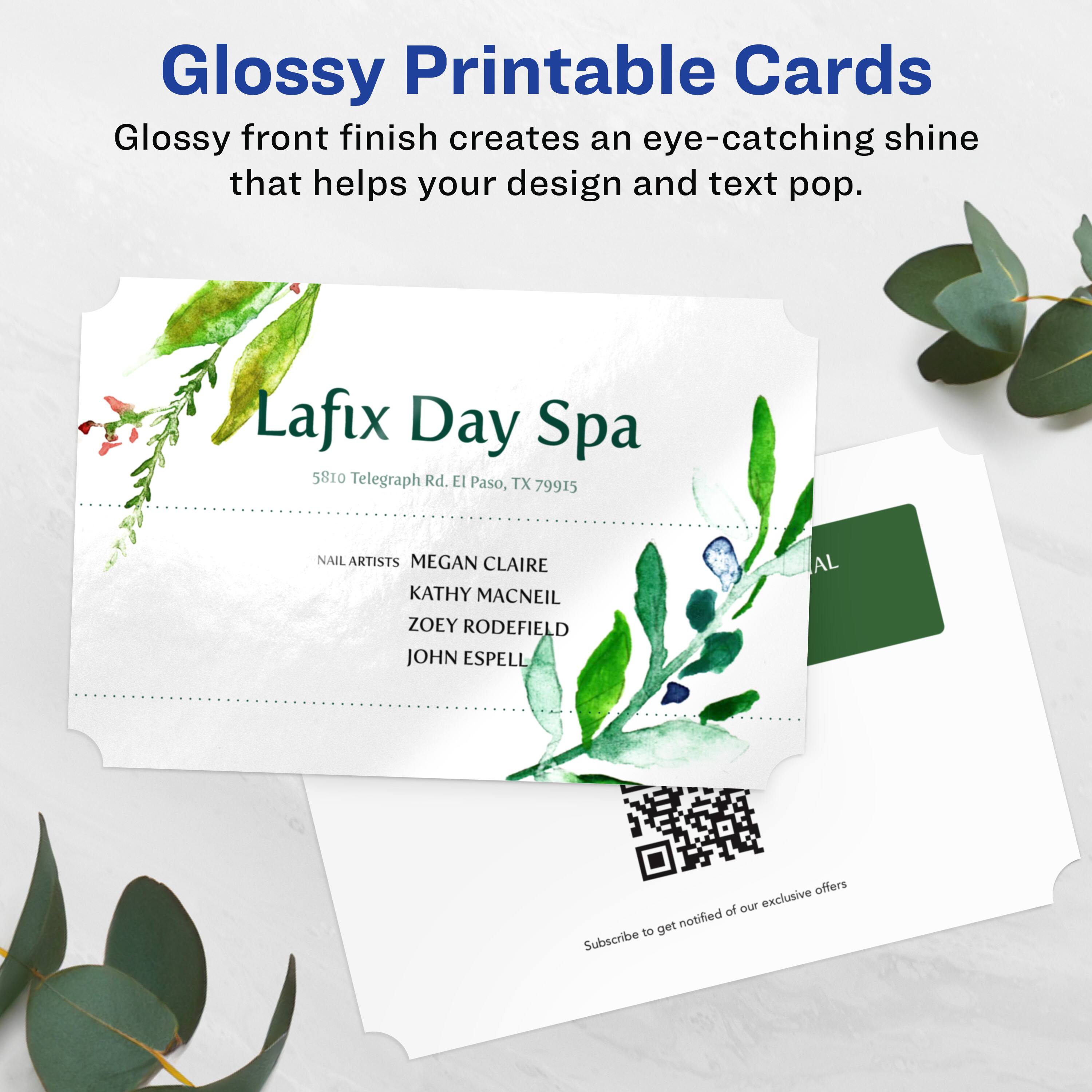 Glossy Printable Cards  
Glossy front finish creates an eye-catching shine that helps your design and text pop.

Lafix Day Spa  
5810 Telegraph Rd. El Paso, TX 79915

NAIL ARTISTS  
MEGAN CLAIRE  
KATHY MACNEIL  
ZOEY RODEFIELD  
JOHN ESPELL

Subscribe to get notified of our exclusive offers