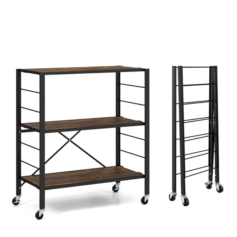 Kadyn - 3-Tier Foldable Shelving Unit with Detachable Wheels and Adjustable Shelves-Black, Tower Rack Serving Trolley - Brown