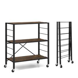 Kadyn - 3-Tier Foldable Shelving Unit with Detachable Wheels and Adjustable Shelves-Black, Tower Rack Serving Trolley - Brown