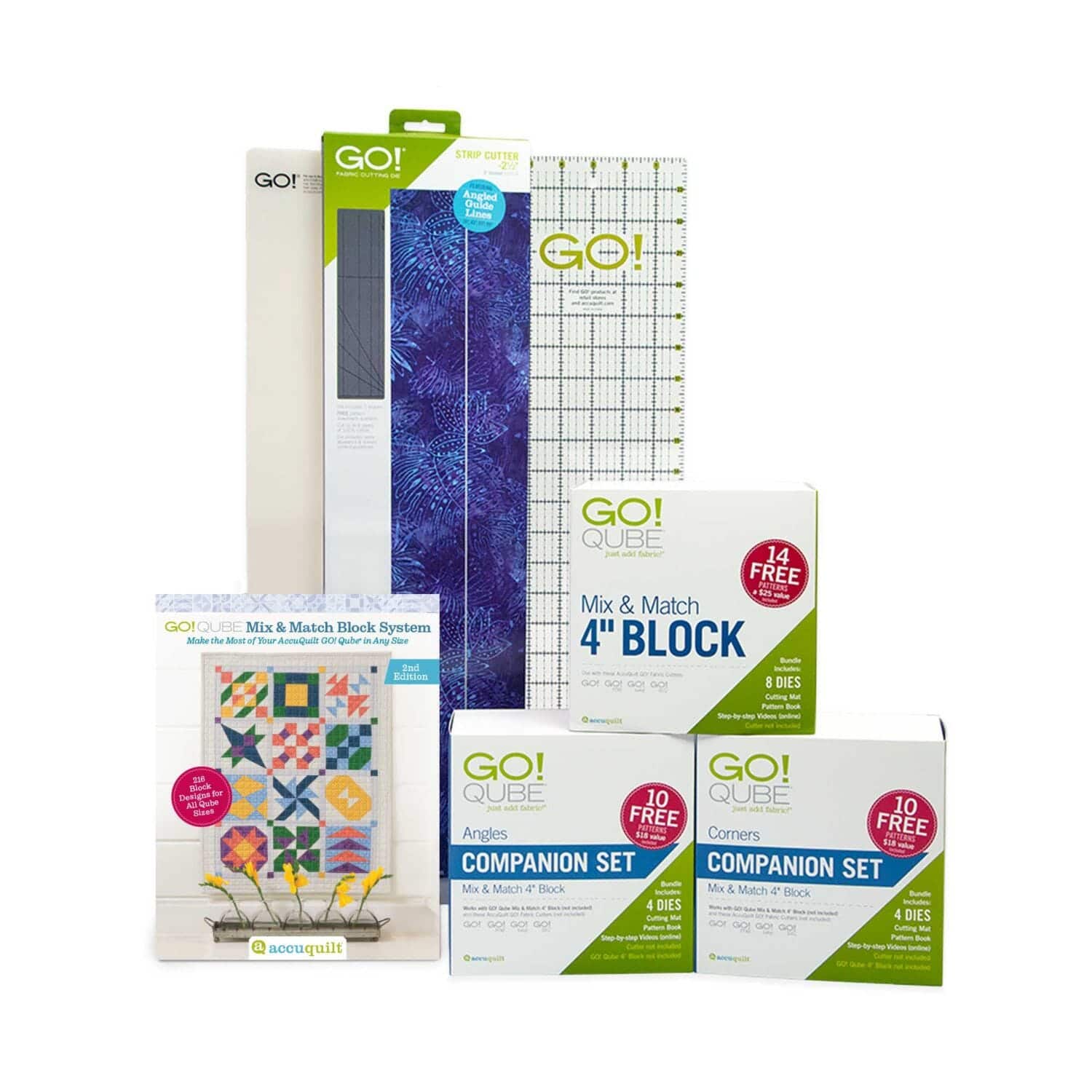 AccuQuilt - GO! Qube 4" Complete Die Bundle – Mix & Match Block, Companion Sets, Strip Cutter & Mat - Multicolor