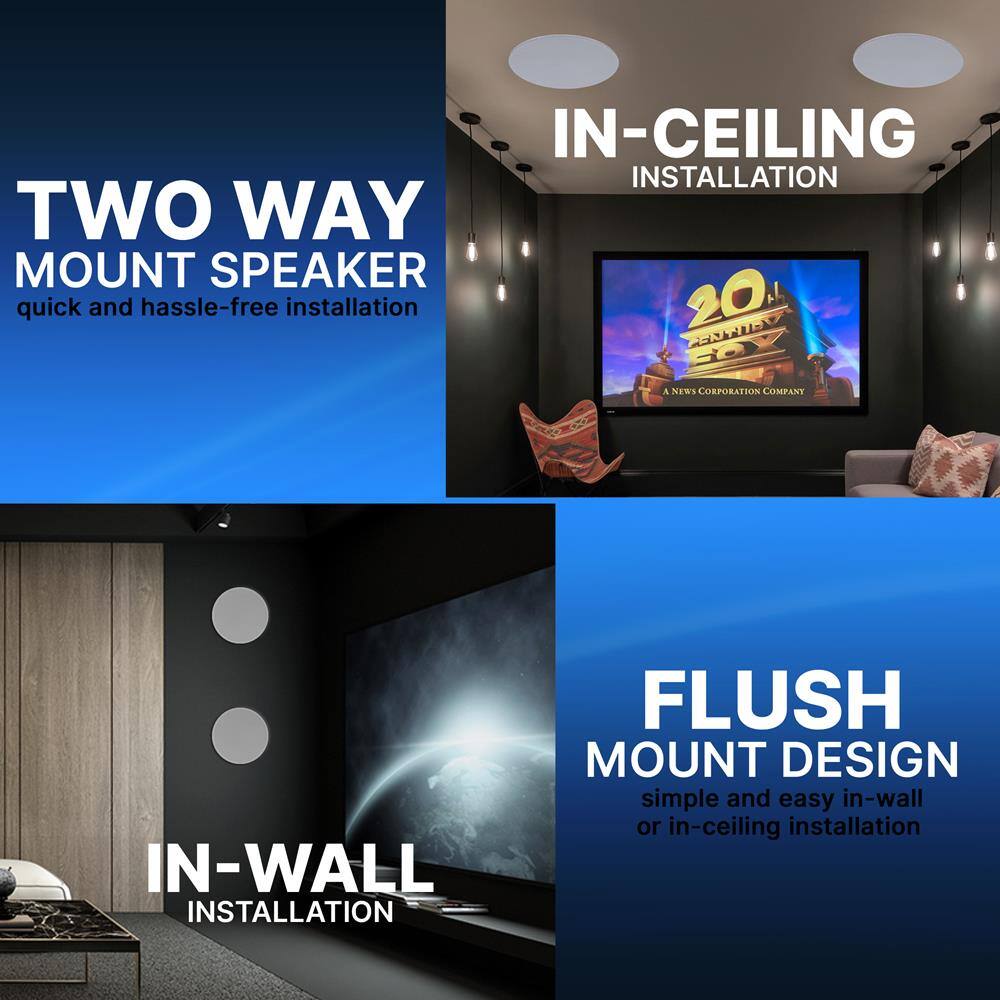 **TWO WAY MOUNT SPEAKER**  
quick and hassle-free installation

**IN-CEILING INSTALLATION**

**IN-WALL INSTALLATION**

**FLUSH MOUNT DESIGN**  
simple and easy in-wall or in-ceiling installation