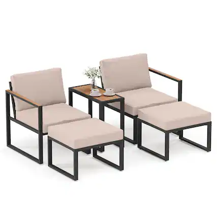 Front. Yardgrace - Yardgrace 5 Pieces Outdoor Conversation Set, Metal Patio Chairs with Thick Cushions 2 Ottomans&Side Table - Beige.