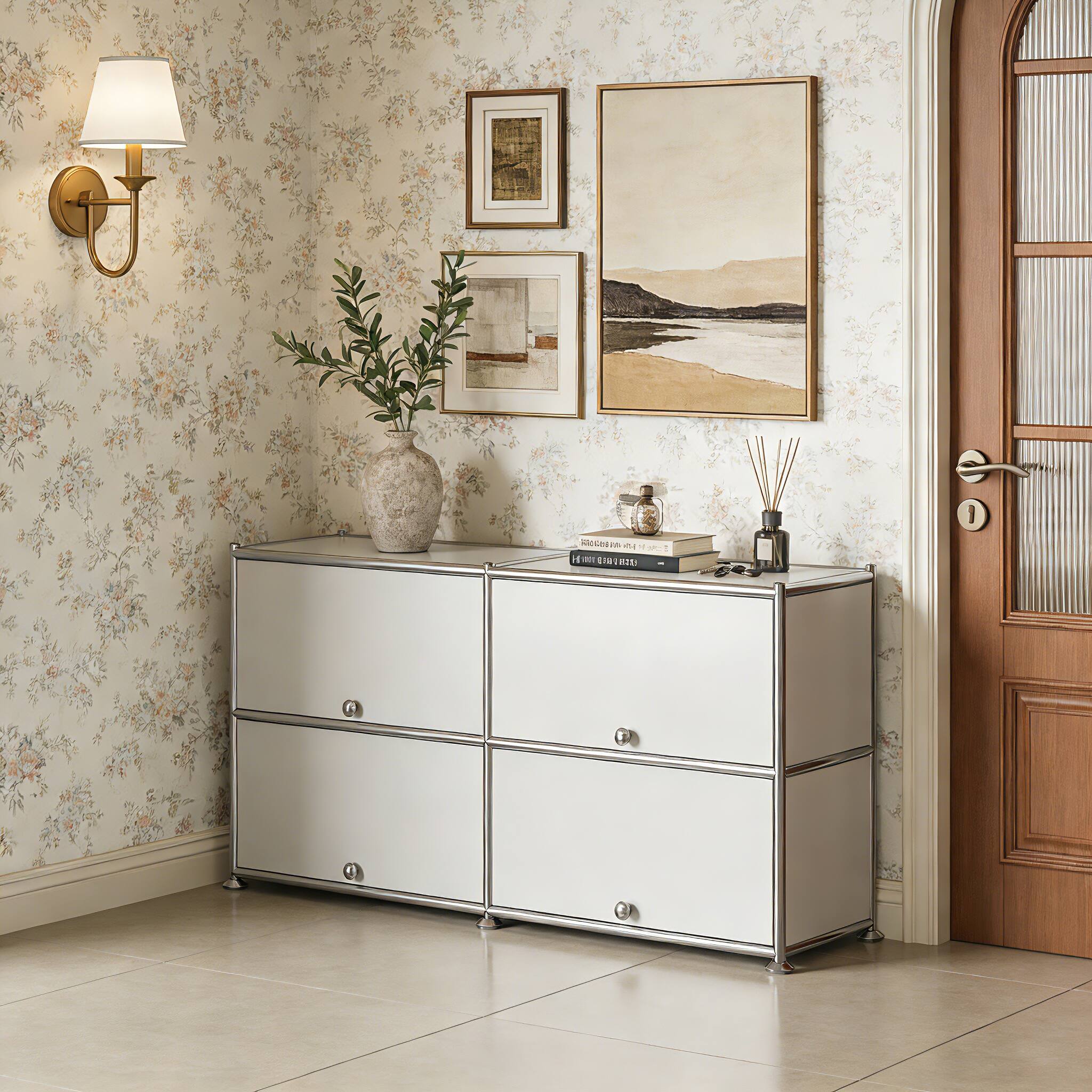 Back. Malletson - Sideboard Buffet Storage Cabinet with Double Drawers and Metal Frame, Multi-Purpose Kitchen Organizer for Dining Room - White.