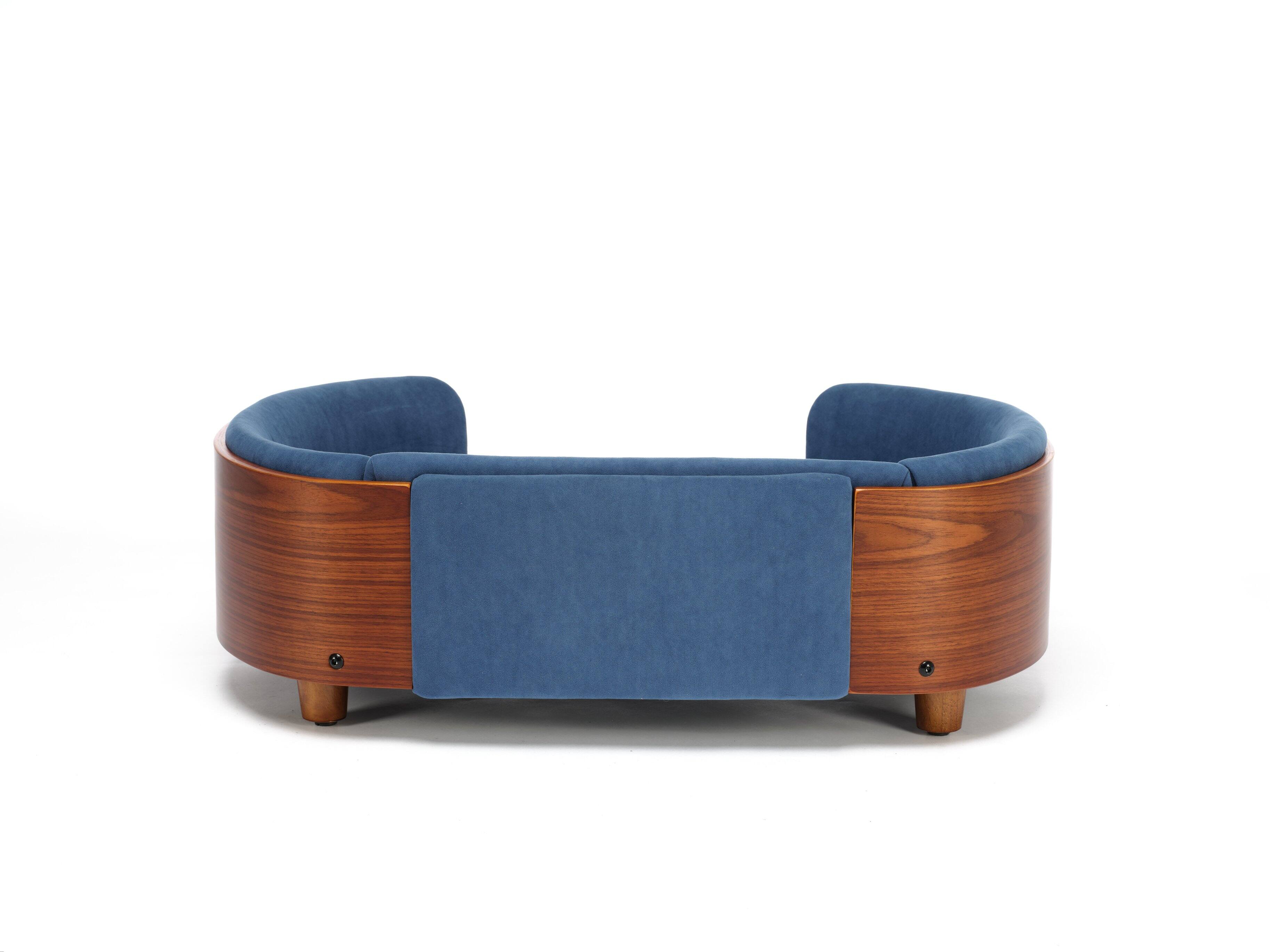 Alt View 6. Siljoy - Mid‑Size Scandinavian Pet Sofa, Walnut & Dark Blue Velvet, Elevated Orthopedic Dog Bed - Dark Blue.