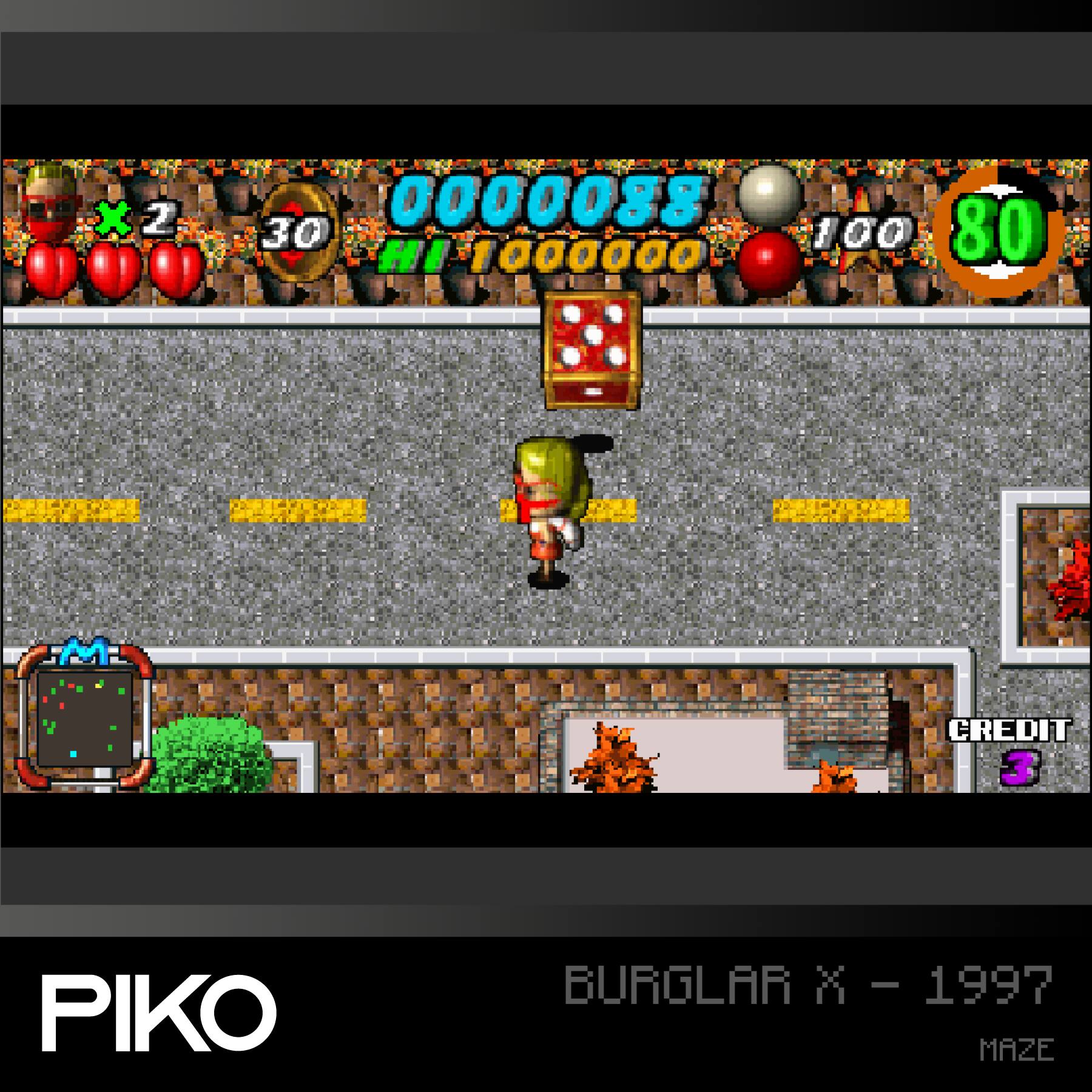 X 2 0000088 30 HI 1000000 100 80 CREDIT 3 PIKO BURGLAR X - 1997 X - MAZE