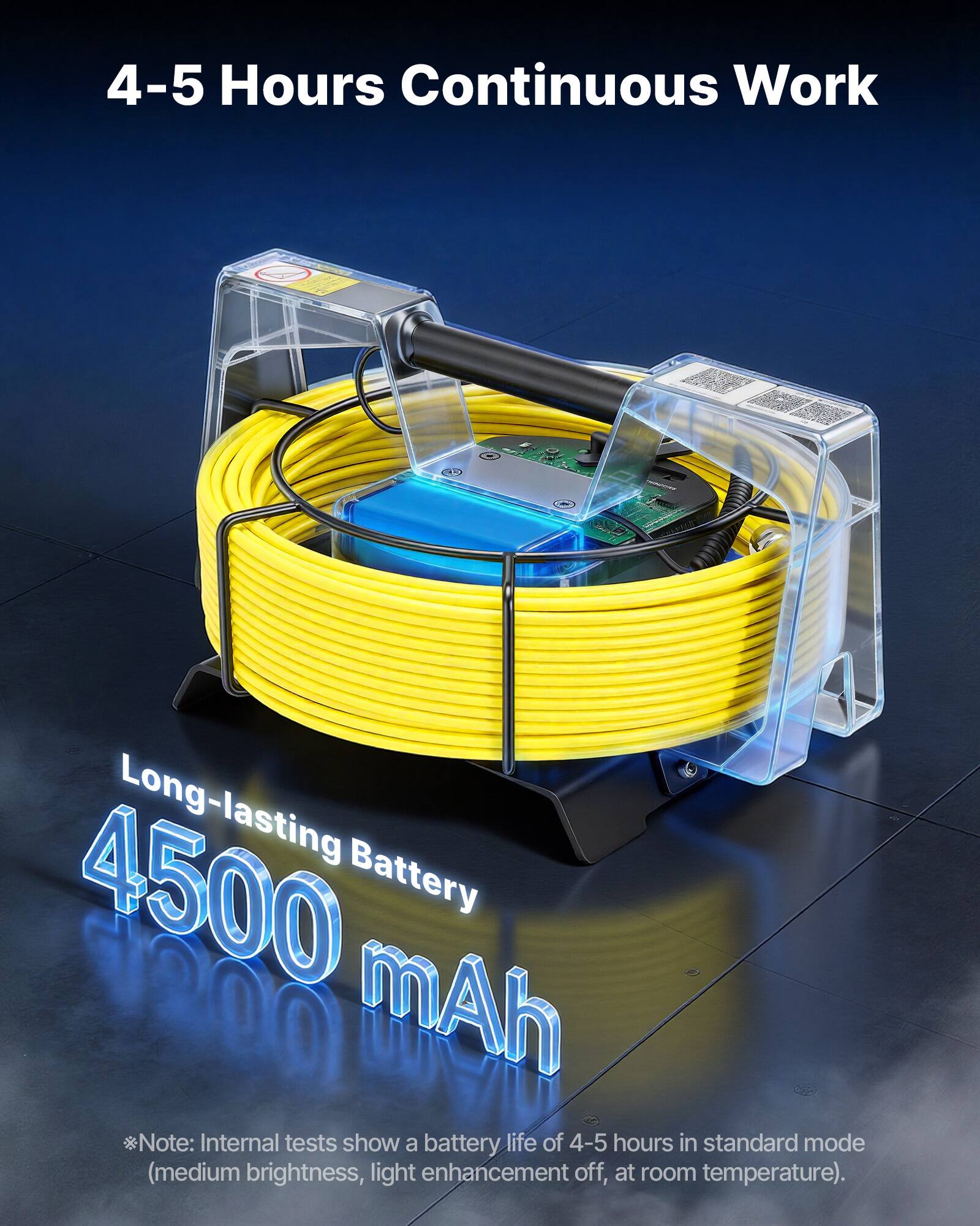 4-5 Hours Continuous Work  
Long-lasting 4500 mAh Battery  

*Note: Internal tests show a battery life of 4-5 hours in standard mode (medium brightness, light enhancement off, at room temperature).