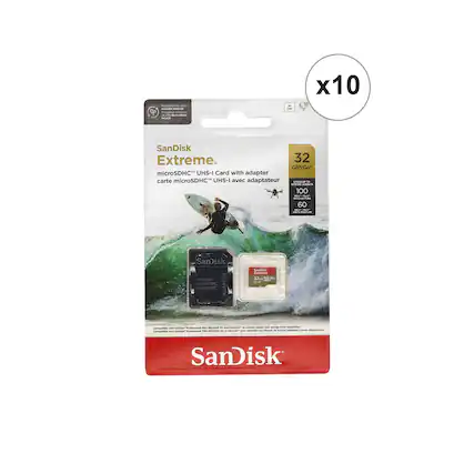 - SanDisk Extreme
- 32 GB/Go microSDHC UHS-I Card with adapter
- 100 MB/s
- 60 MB/s
- x10