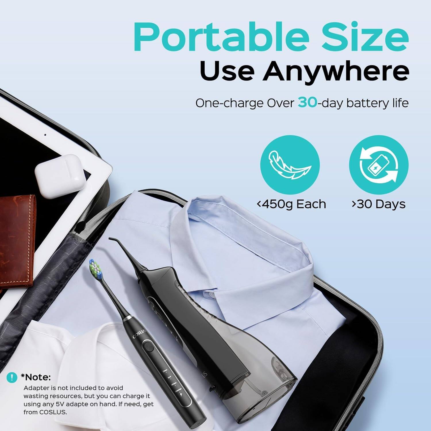 Portable Size  
Use Anywhere  
One-charge Over 30-day battery life  

<450g Each  
>30 Days  

*Note: Adapter is not included to avoid wasting resources, but you can charge it using any 5V adapter on hand. If need, get from COSLUS.