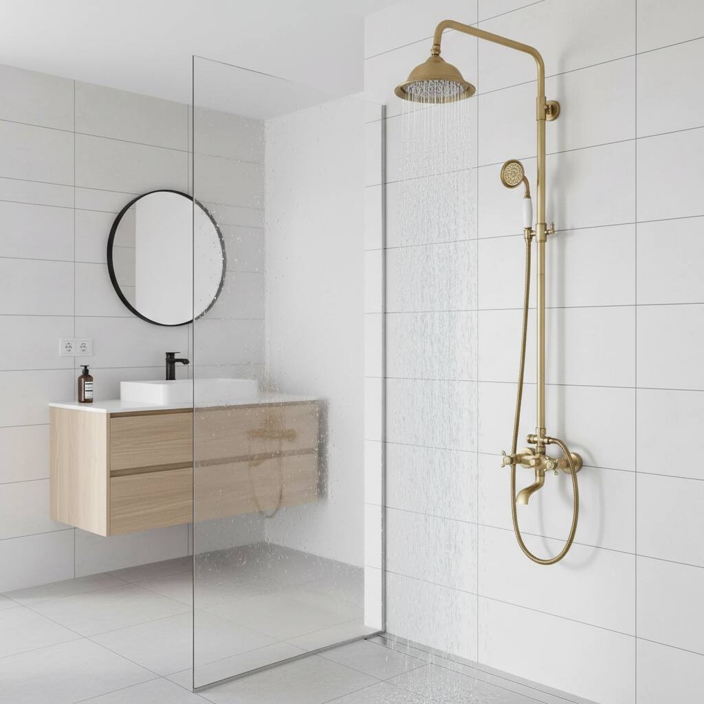 Alt View 2. Dazzed Corner - Antique Brass Shower System, 8" Head, Handheld Spray - Antique Brass.