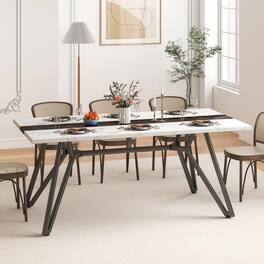 Ecooso - 70.9"Rectangular Large Dining Table, Marble Grain Waterproof Large Desk for 8 People, Adjustable Legs , White - White+Black