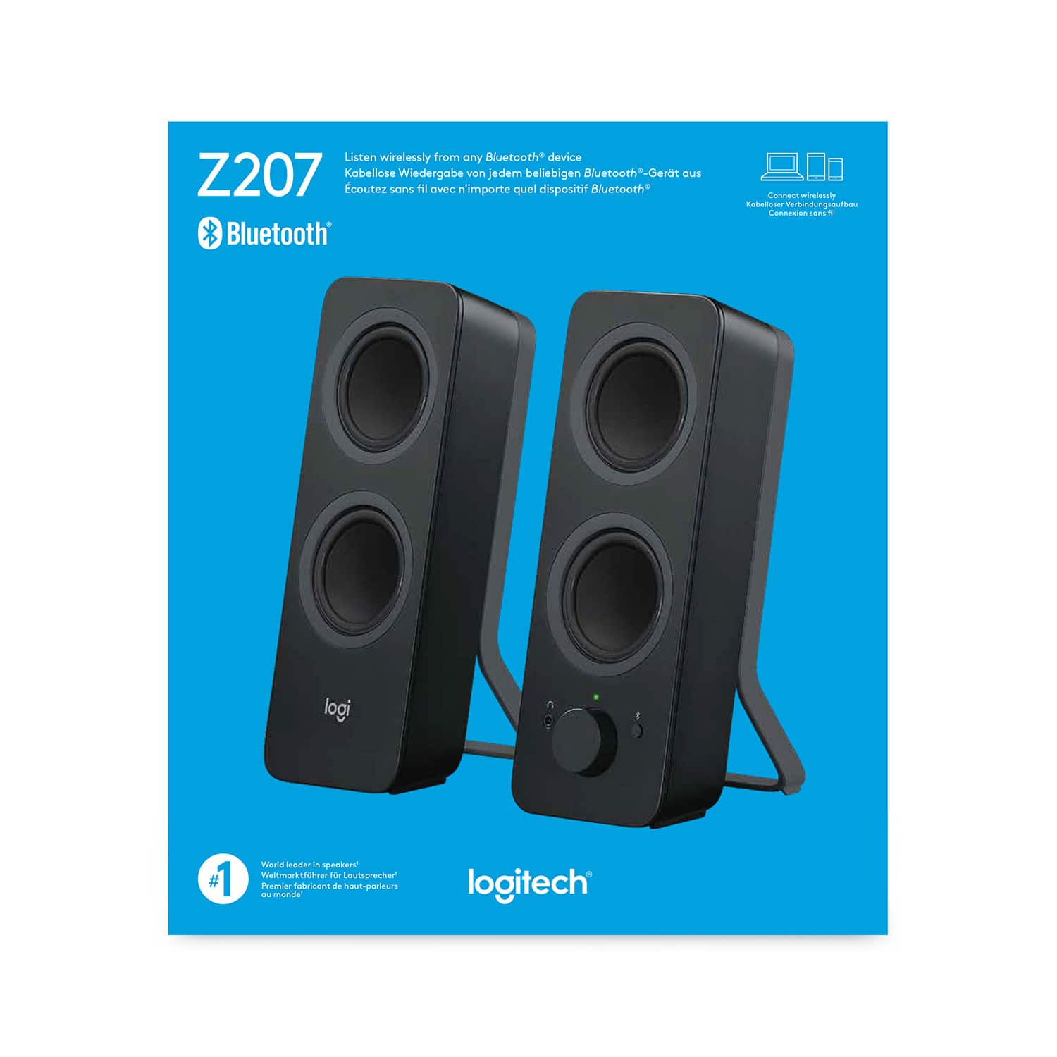 Listen wirelessly from any Bluetooth device Z207 Kabellose Wiedergabe von jedem beliebigen Bluetooth*-Gerat. coutez sans fil avec n'importe quel dispositif Blueteoth* Bluetooth Cannas eireiewery CeRiser mortudung preeutia Cannacion samg + logi 1 Ward i spenkers Weltmarkt tutcad Nar outspracher" Promier torAn .. NA parleum Tu mande logitech.