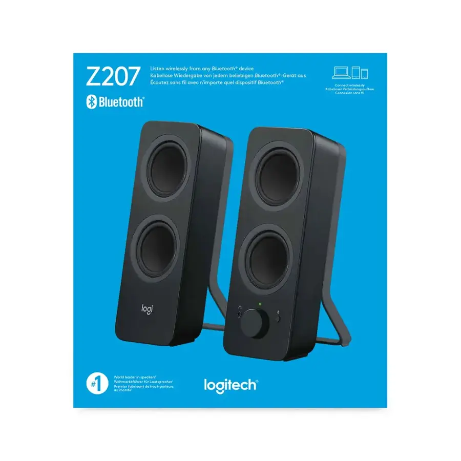 Listen wirelessly from any Bluetooth device Z207 Kabellose Wiedergabe von jedem beliebigen Bluetooth*-Gerat. coutez sans fil avec n'importe quel dispositif Blueteoth* Bluetooth Cannas eireiewery CeRiser mortudung preeutia Cannacion samg + logi 1 Ward  i spenkers Weltmarkt tutcad Nar outspracher" Promier torAn .. NA parleum Tu mande logitech.