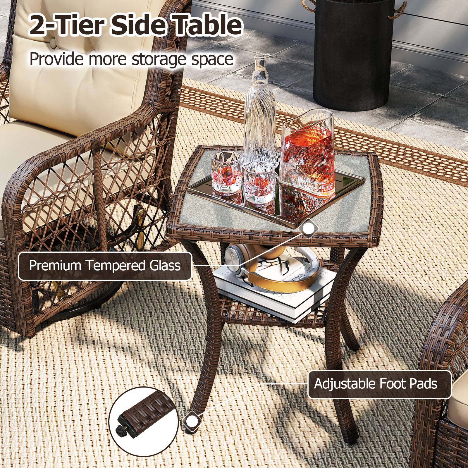 2-Tier Side Table, Provide more storage space, Premium Tempered Glass, Adjustable Foot Pads
