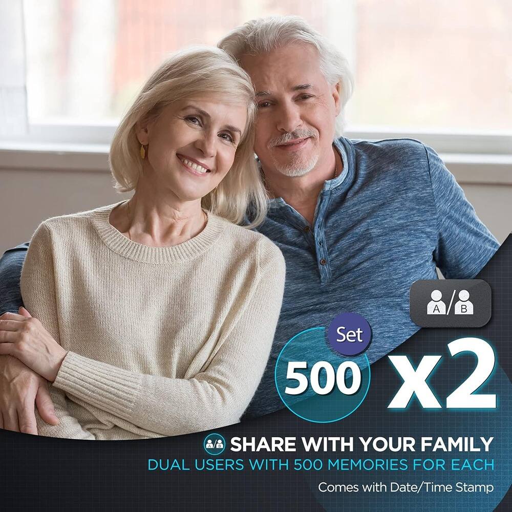 Sure, here is the corrected and grouped text from the image:

---

**A B Set 500 x2**

**SHARE WITH YOUR FAMILY**

**DUAL USERS WITH 500 MEMORIES FOR EACH**

**Comes with Date/Time Stamp**

---

**Set 500 x2**

**SHARE WITH YOUR FAMILY**

**DUAL USERS WITH 500 MEMORIES FOR EACH**

**Comes with Date/Time Stamp**