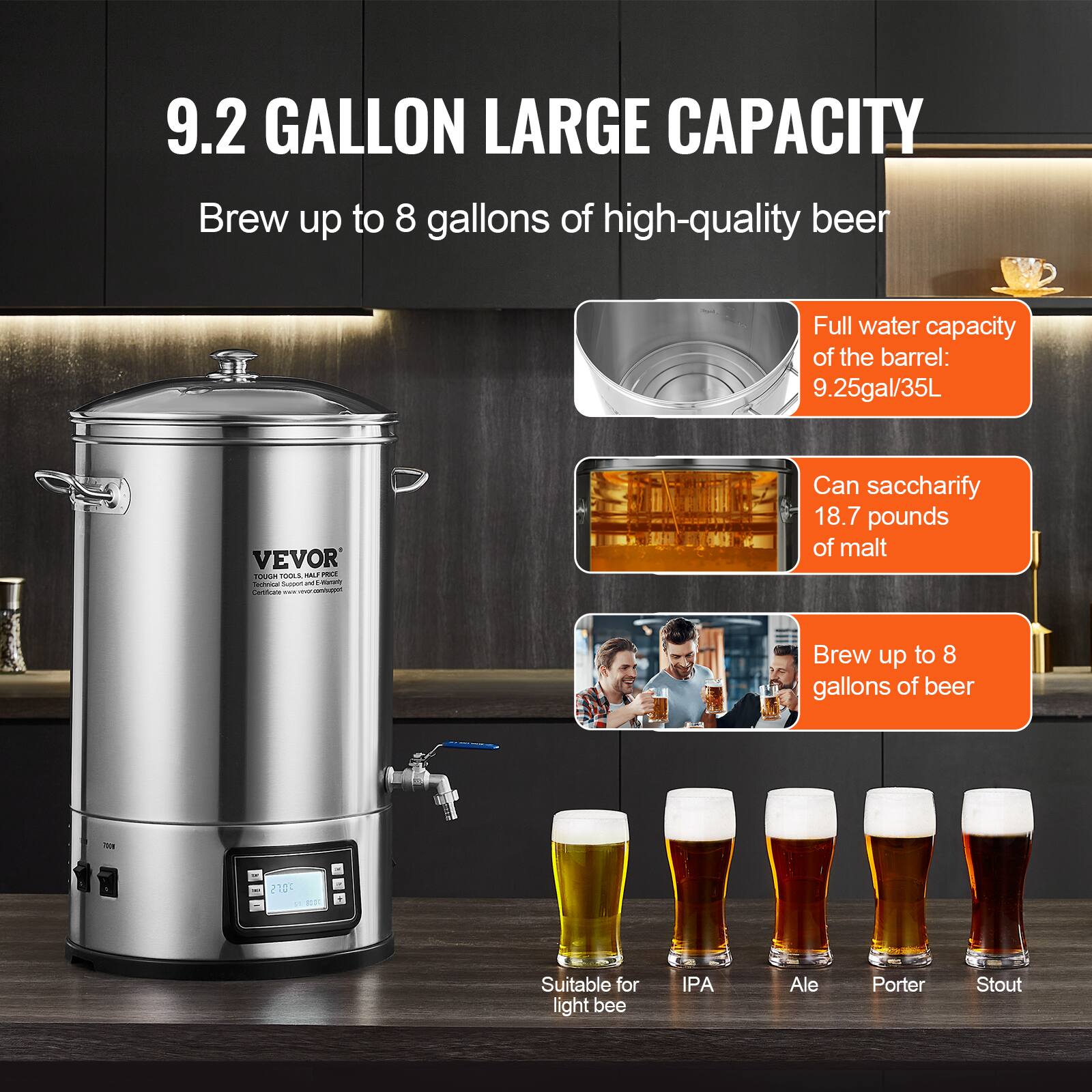 9.2 GALLON LARGE CAPACITY

Brew up to 8 gallons of high-quality beer

Full water capacity of the barrel: 9.25gal/35L

Can saccharify 18.7 pounds of malt

Brew up to 8 gallons of beer

Suitable for light beer, IPA, Ale, Porter, Stout