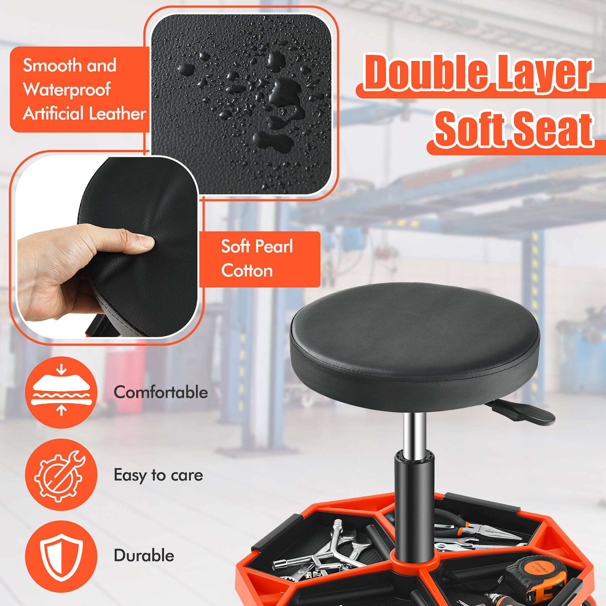 Smooth and Waterproof Artificial Leather  
Double Layer Soft Seat  
Soft Pearl Cotton  
Comfortable  
Easy to care  
Durable